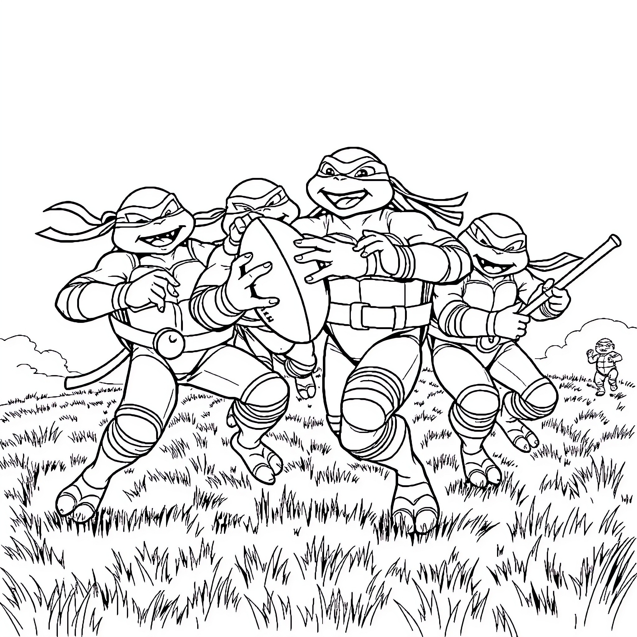 Teenage Mutant Ninja Turtles rushing into action Coloring Page (free black-and-white line drawing printable PDF for all, from beginners to advanced learners, including children, teens, adults, and seniors)