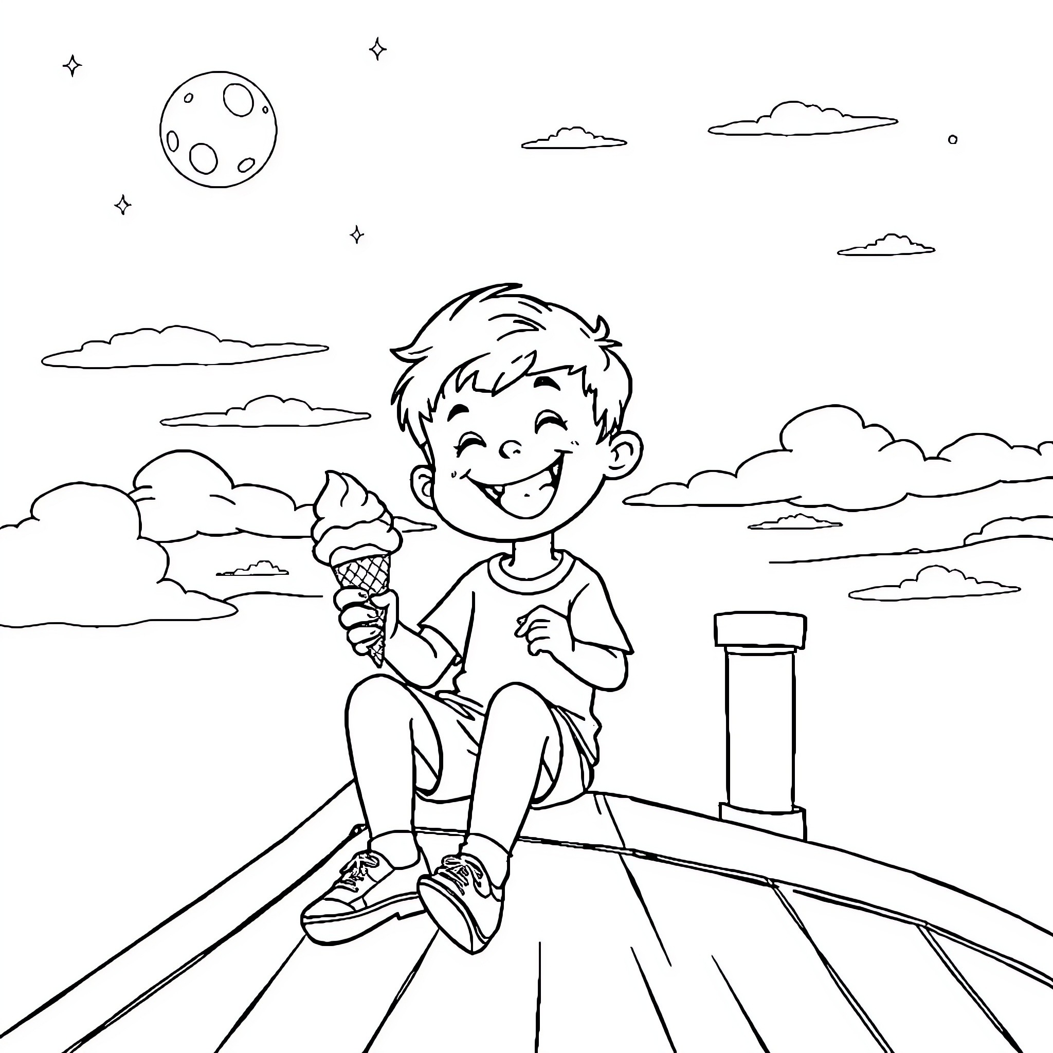 Boy enjoying ice cream on a sunny day Coloring Page (free black-and-white line drawing printable PDF for all, from beginners to advanced learners, including children, teens, adults, and seniors)