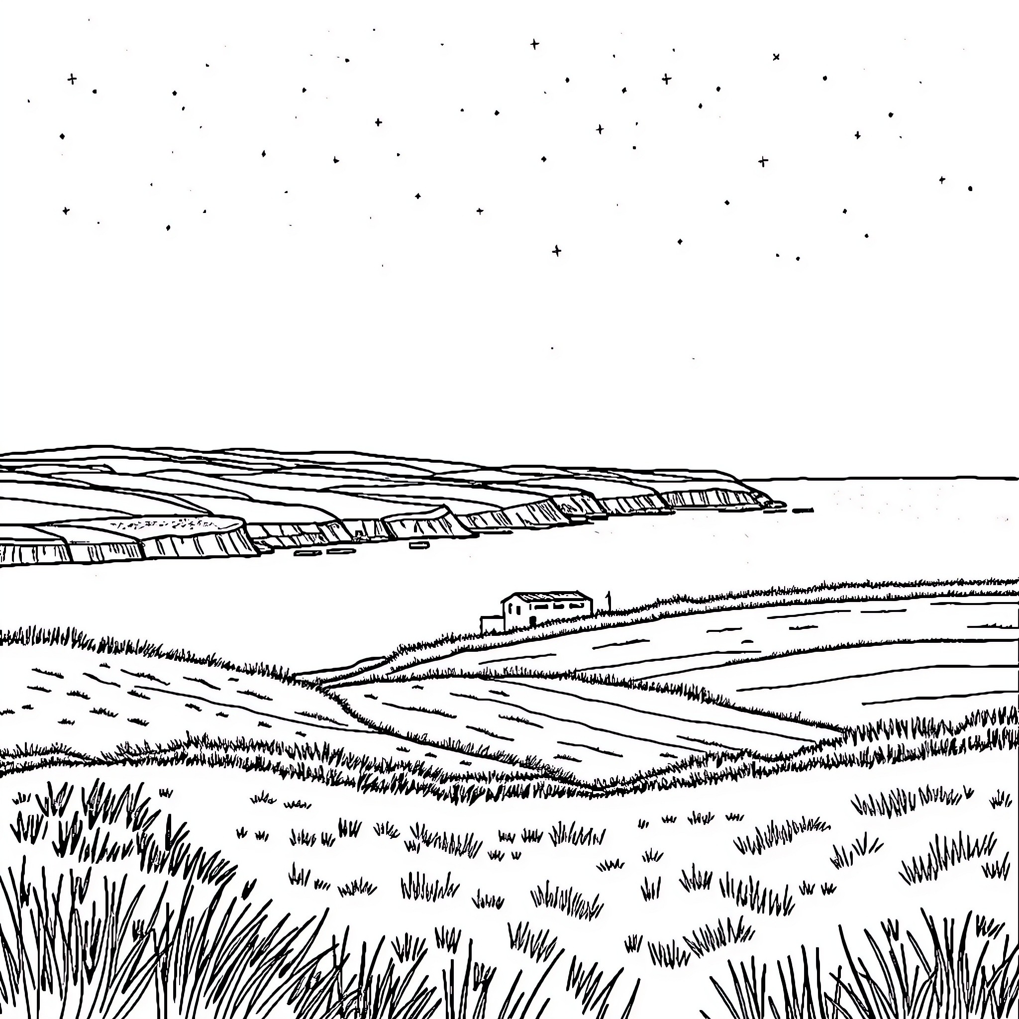 Morbihan landscape with starry sky and rolling hills Coloring Page (free black-and-white line drawing printable PDF for all, from beginners to advanced learners, including children, teens, adults, and seniors)