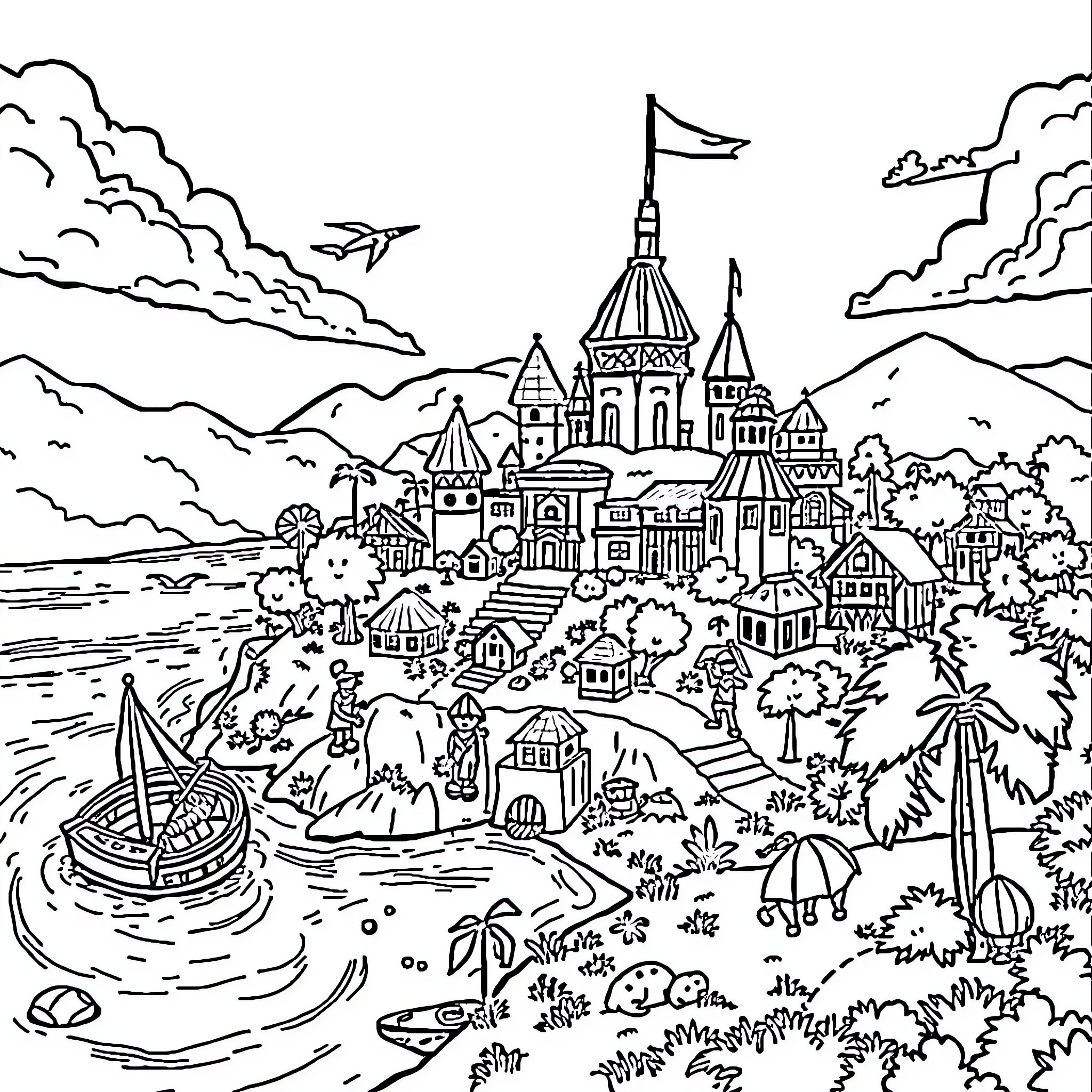 Fortnite Fantastical Realm with Castle, Airplanes, and Boats Coloring Page (free black-and-white line drawing printable PDF for all, from beginners to advanced learners, including children, teens, adults, and seniors)