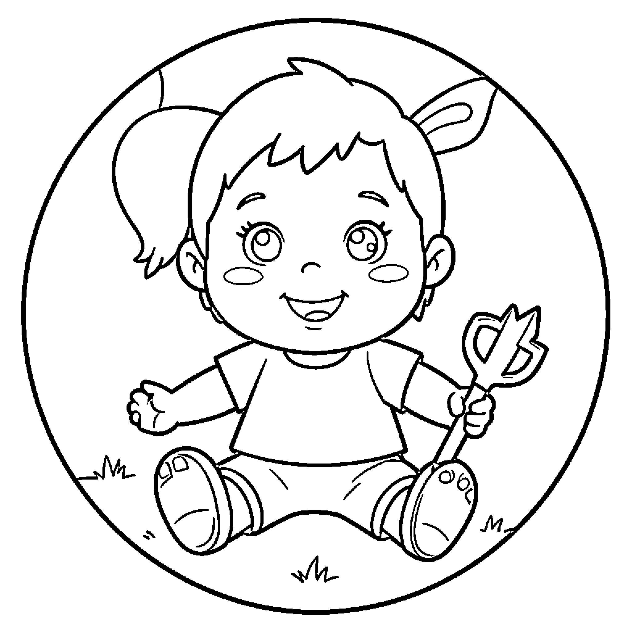 Trompe œil of a happy child holding a wand Coloring Page (free black-and-white line drawing printable PDF for all, from beginners to advanced learners, including children, teens, adults, and seniors)