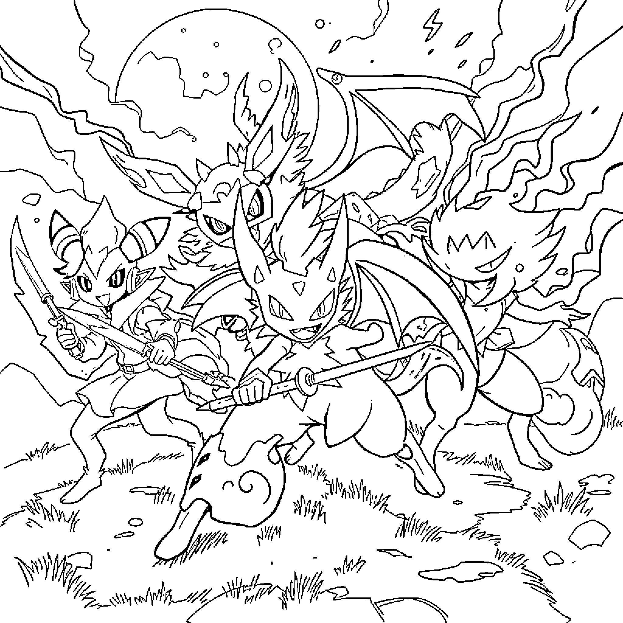 Demon Hunter Battles Fearsome Mythical Creatures Coloring Page (free black-and-white line drawing printable PDF for all, from beginners to advanced learners, including children, teens, adults, and seniors)