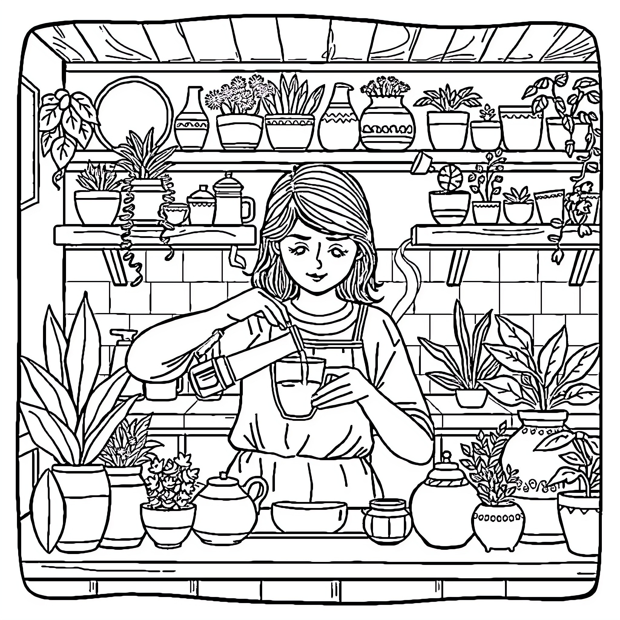 Girl tending to indoor plants in a cozy greenhouse Coloring Page (free black-and-white line drawing printable PDF for all, from beginners to advanced learners, including children, teens, adults, and seniors)