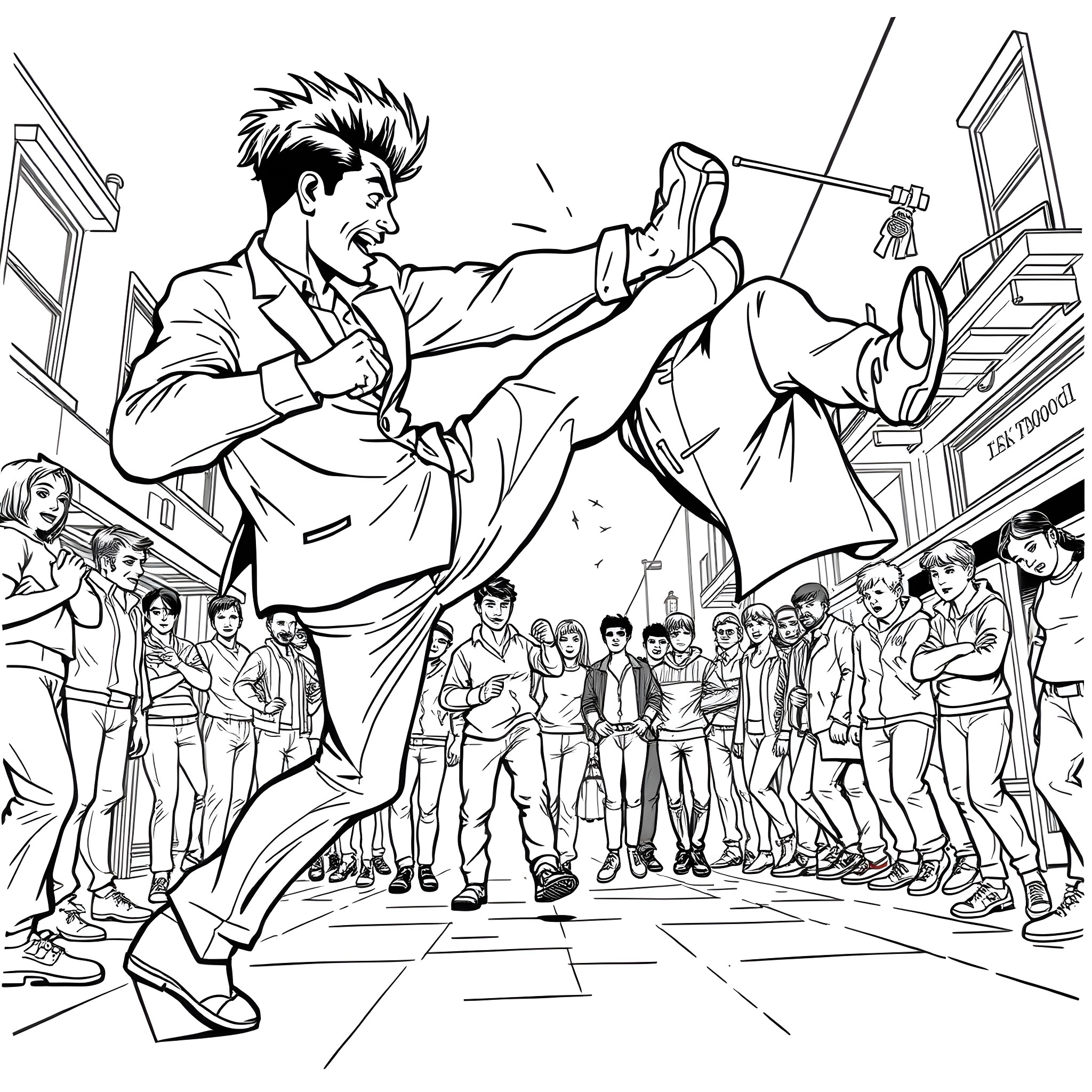 Eddie's Fierce Fighting in the Crowded City Street Coloring Page (free black-and-white line drawing printable PDF for all, from beginners to advanced learners, including children, teens, adults, and seniors)