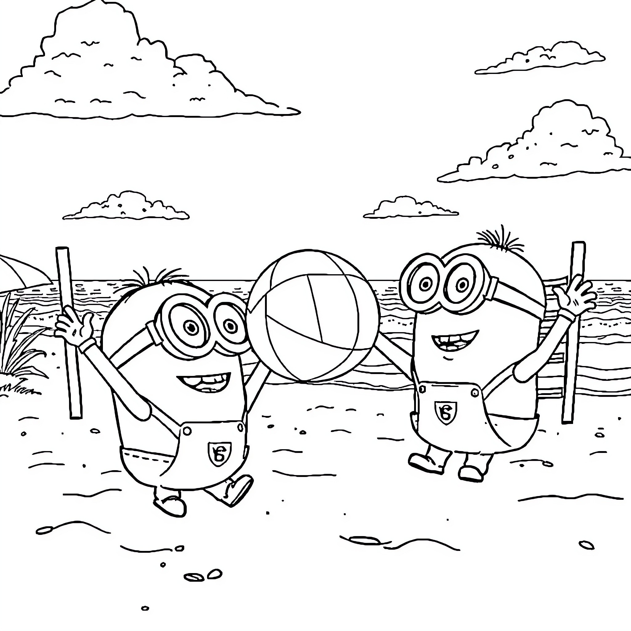 Minions playing happily on the beach Coloring Page (free black-and-white line drawing printable PDF for all, from beginners to advanced learners, including children, teens, adults, and seniors)