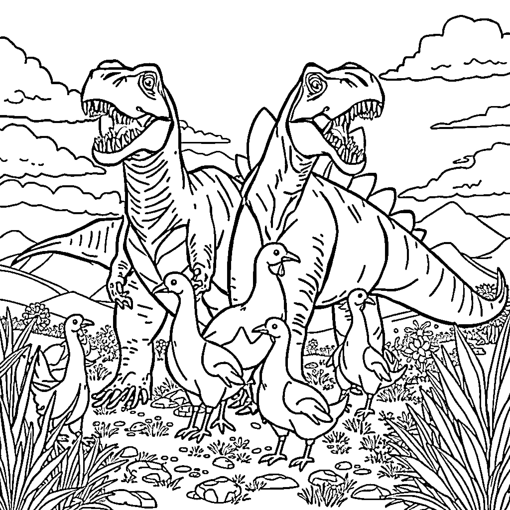 Dinosaur Confrontation in Prehistoric Landscape Coloring Page (free black-and-white line drawing printable PDF for all, from beginners to advanced learners, including children, teens, adults, and seniors)
