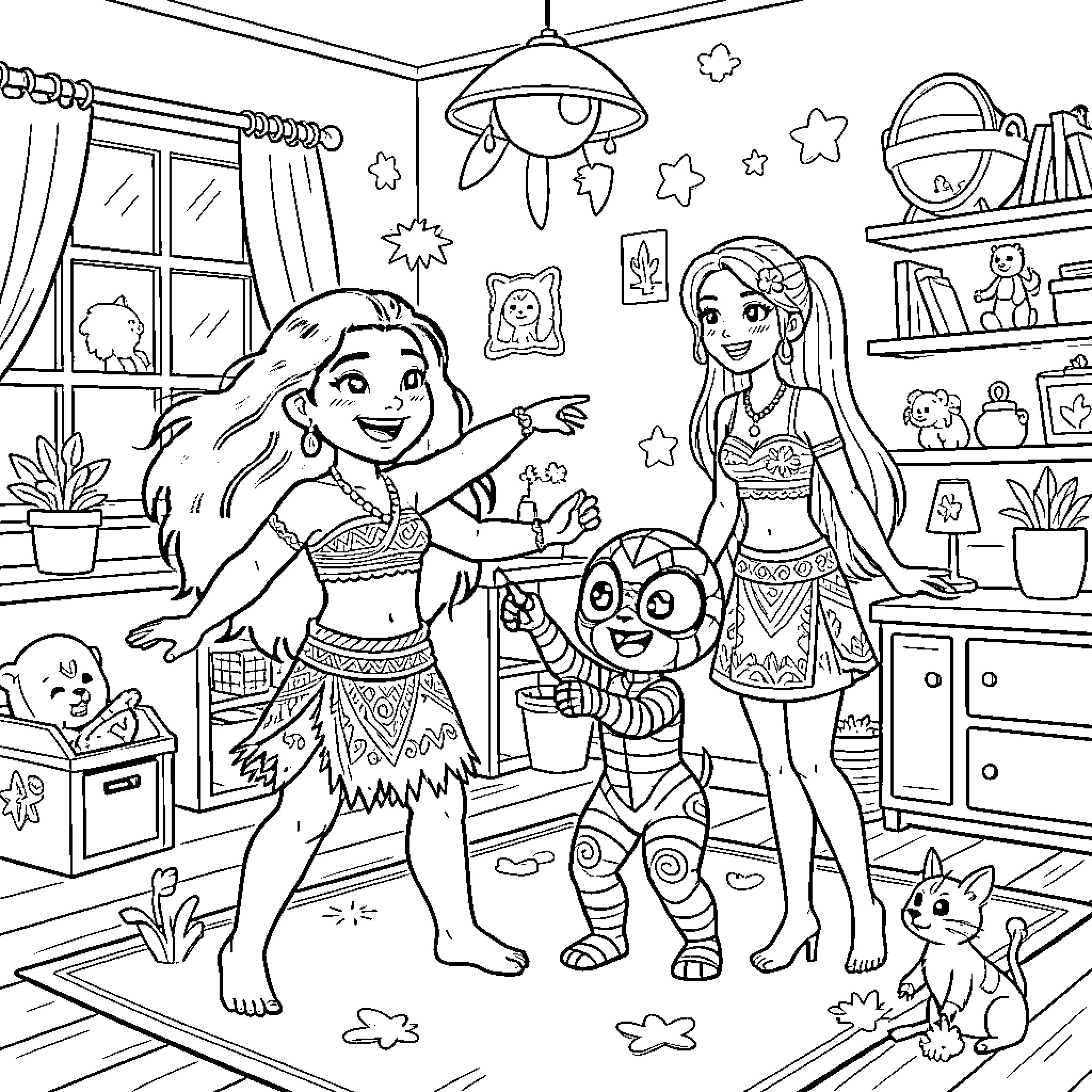 Moana and her friends explore a colorful world Coloring Page (free black-and-white line drawing printable PDF for all, from beginners to advanced learners, including children, teens, adults, and seniors)