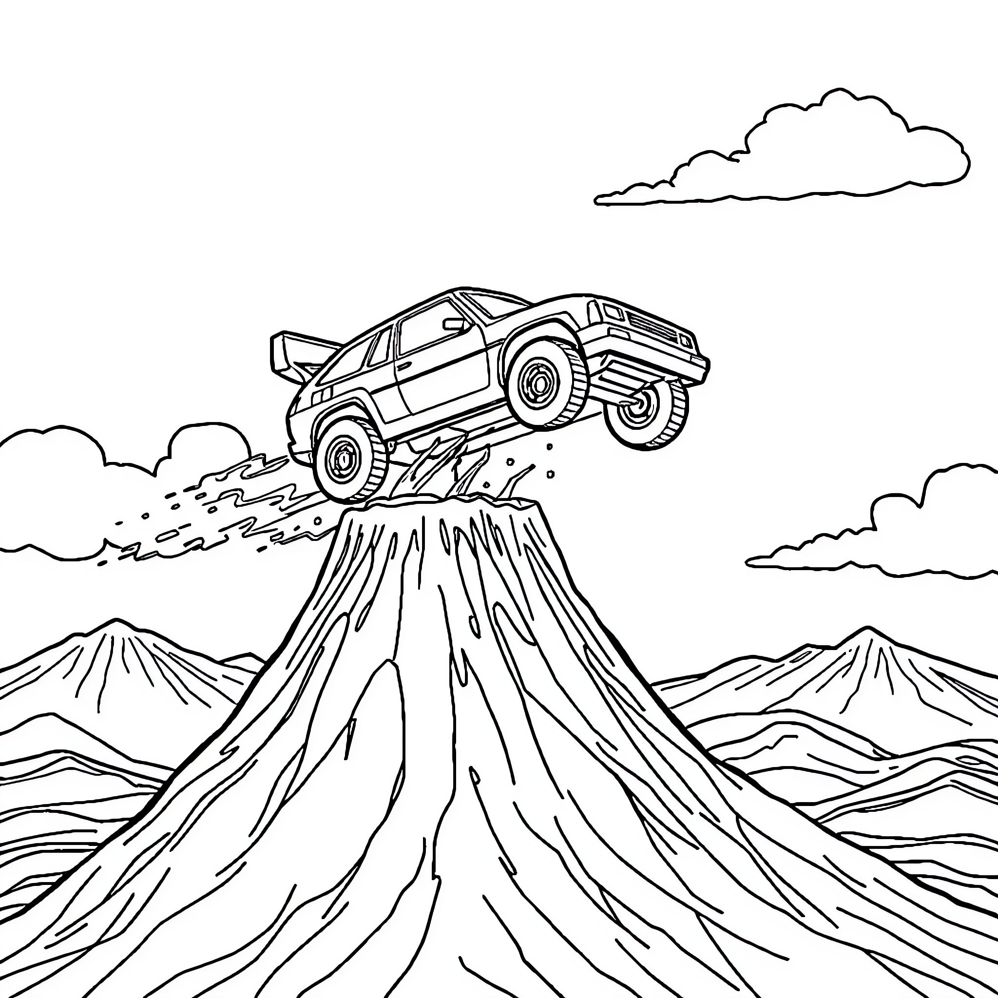 Toy Car Jumping Over Mountain Terrain Coloring Page (free black-and-white line drawing printable PDF for all, from beginners to advanced learners, including children, teens, adults, and seniors)