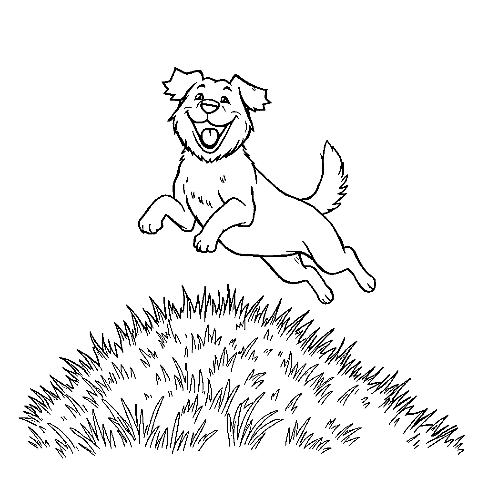 Dog jumping happily in the grass Coloring Page (free black-and-white line drawing printable PDF for all, from beginners to advanced learners, including children, teens, adults, and seniors)