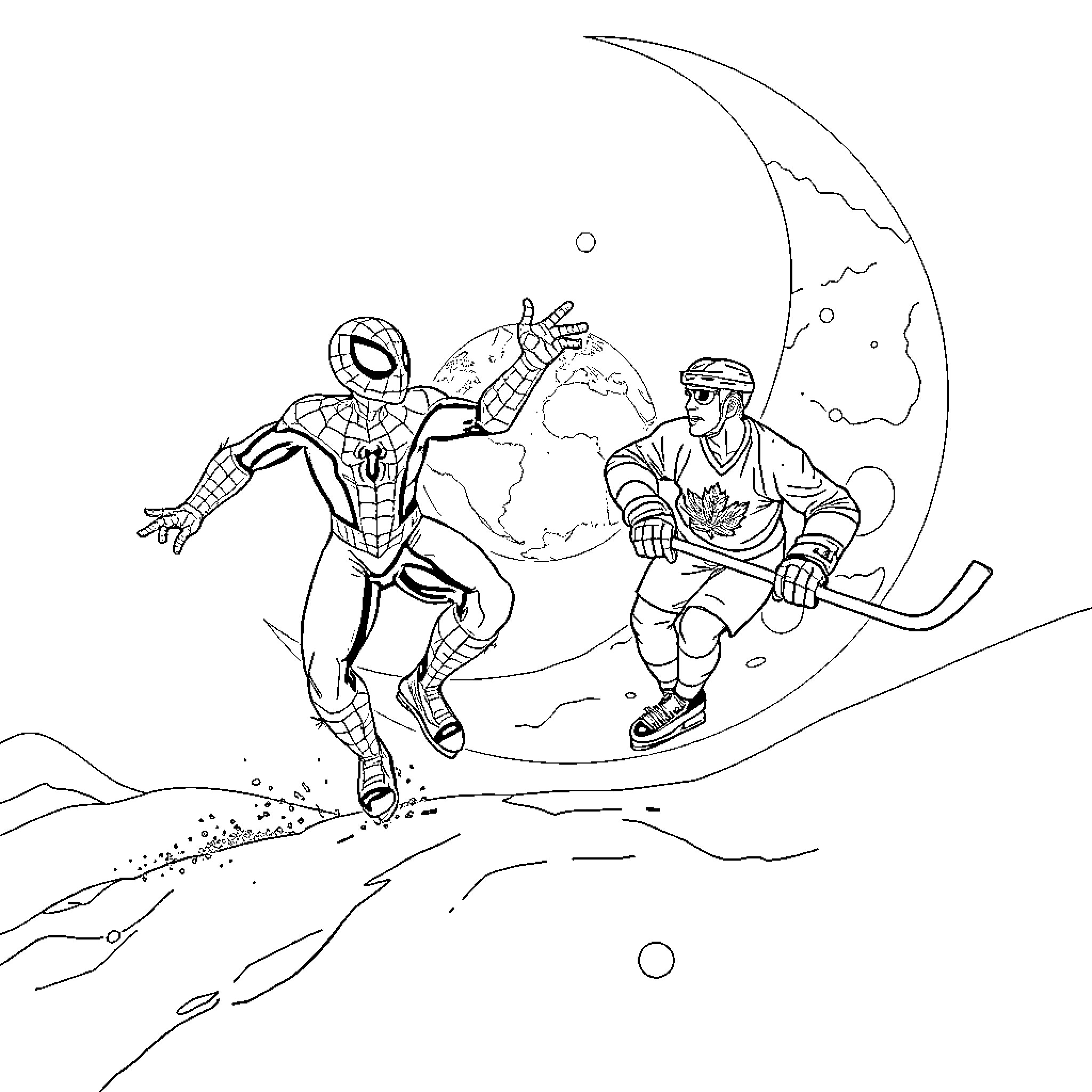 Spider-Man battles villain on snowy terrain Coloring Page (free black-and-white line drawing printable PDF for all, from beginners to advanced learners, including children, teens, adults, and seniors)