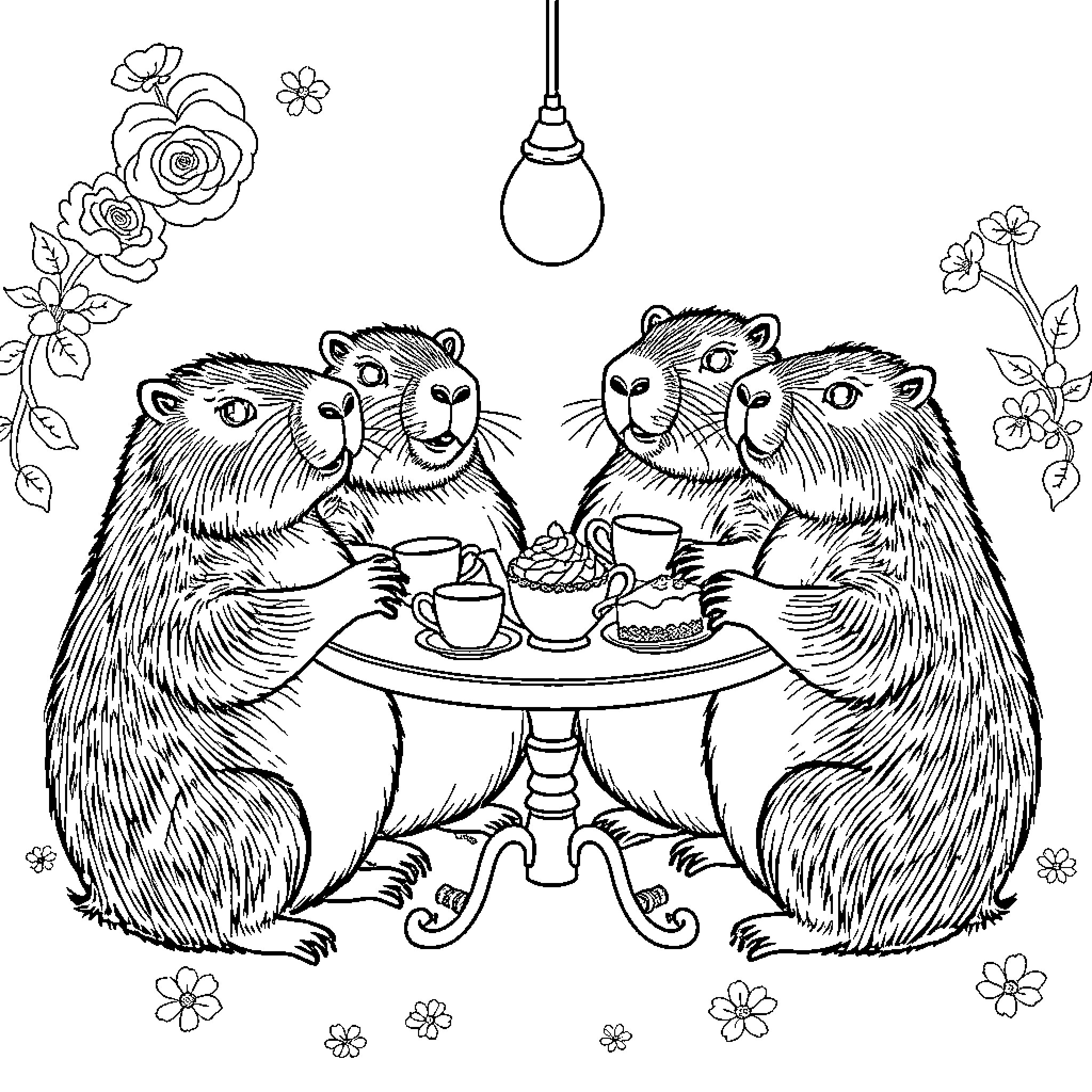 Capybara friends enjoying tea time together Coloring Page (free black-and-white line drawing printable PDF for all, from beginners to advanced learners, including children, teens, adults, and seniors)