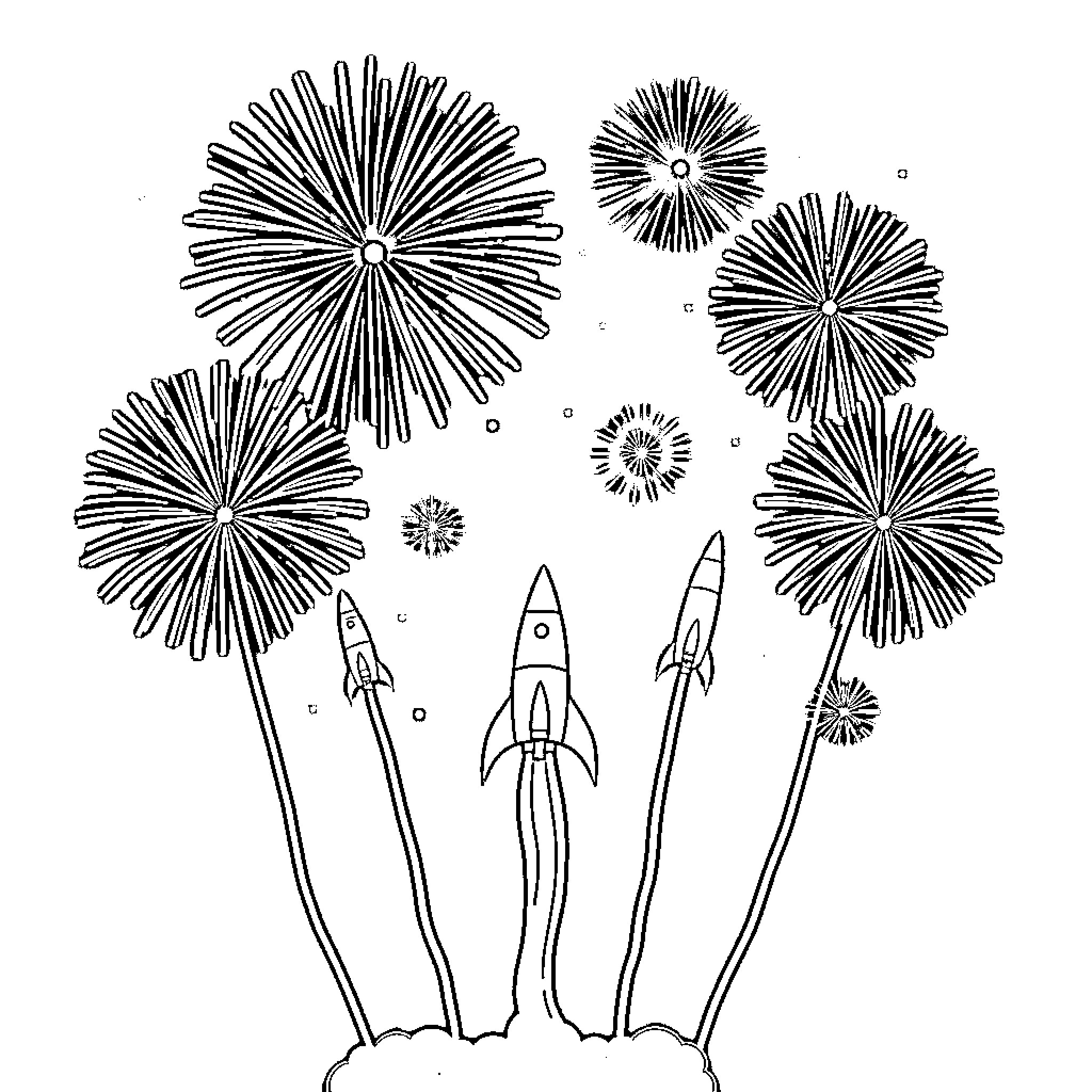Firework Rockets and Bursting Displays Coloring Page (free black-and-white line drawing printable PDF for all, from beginners to advanced learners, including children, teens, adults, and seniors)