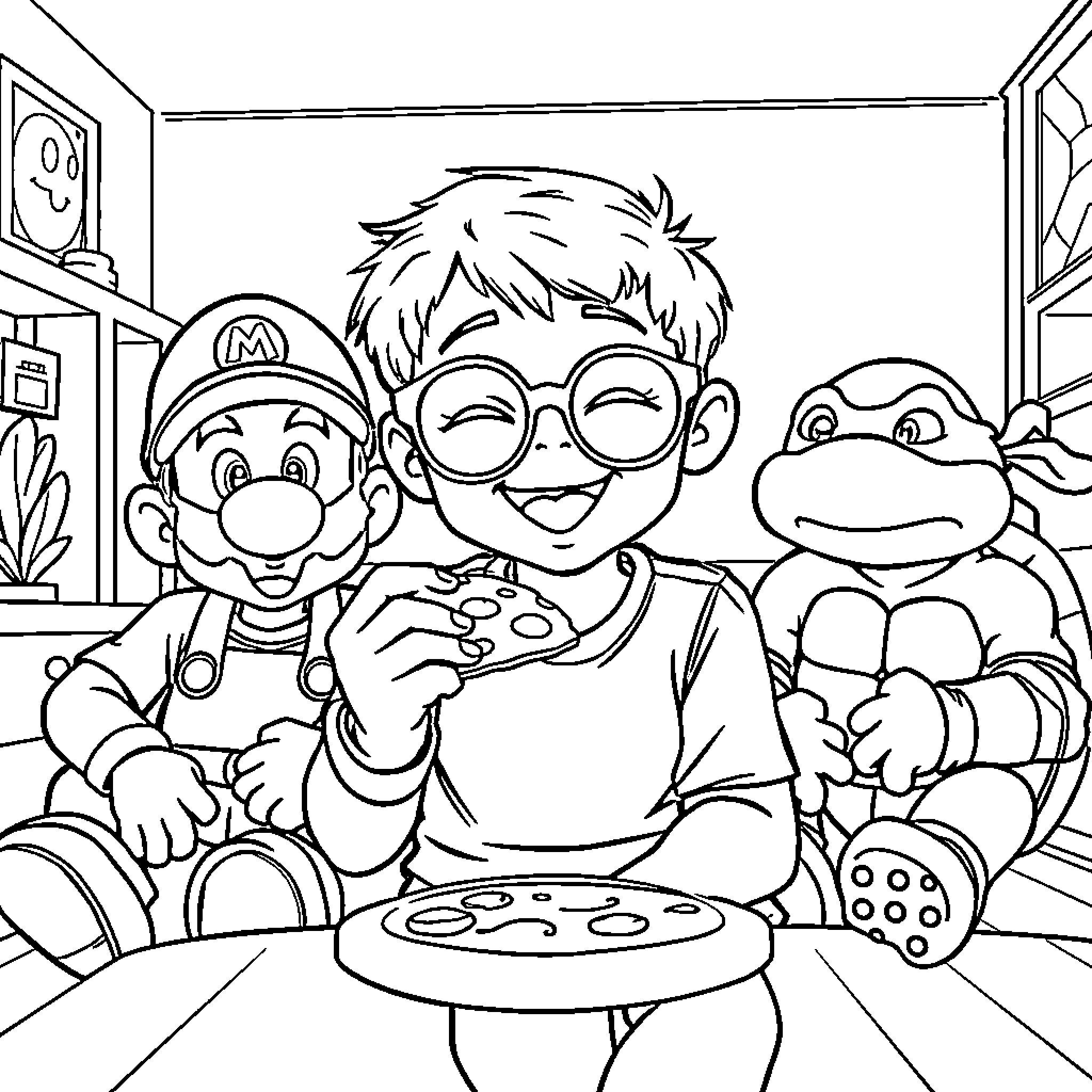 Boy Playing Video Games with Friends Coloring Page (free black-and-white line drawing printable PDF for all, from beginners to advanced learners, including children, teens, adults, and seniors)