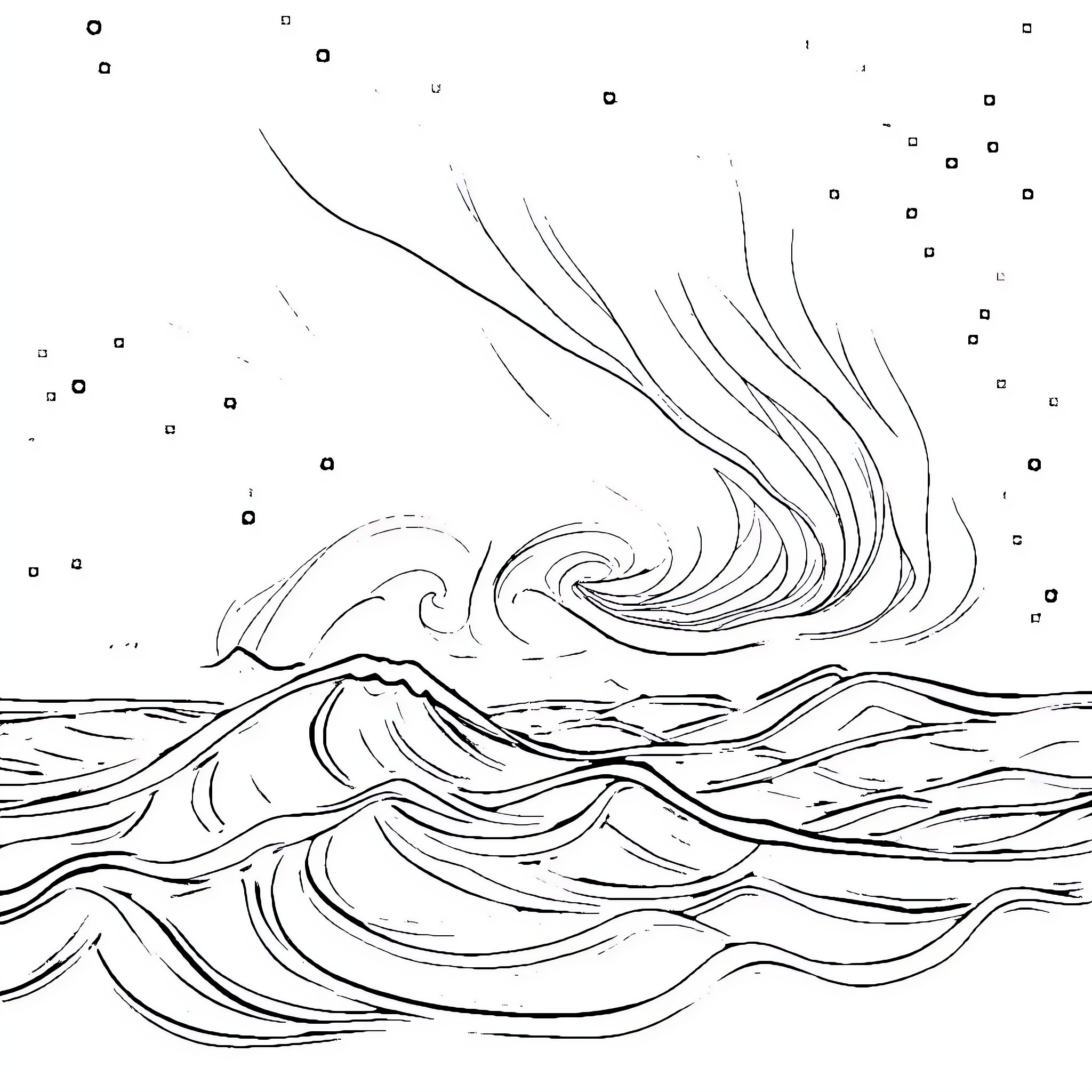 Aurora over the Stormy Waves Coloring Page (free black-and-white line drawing printable PDF for all, from beginners to advanced learners, including children, teens, adults, and seniors)