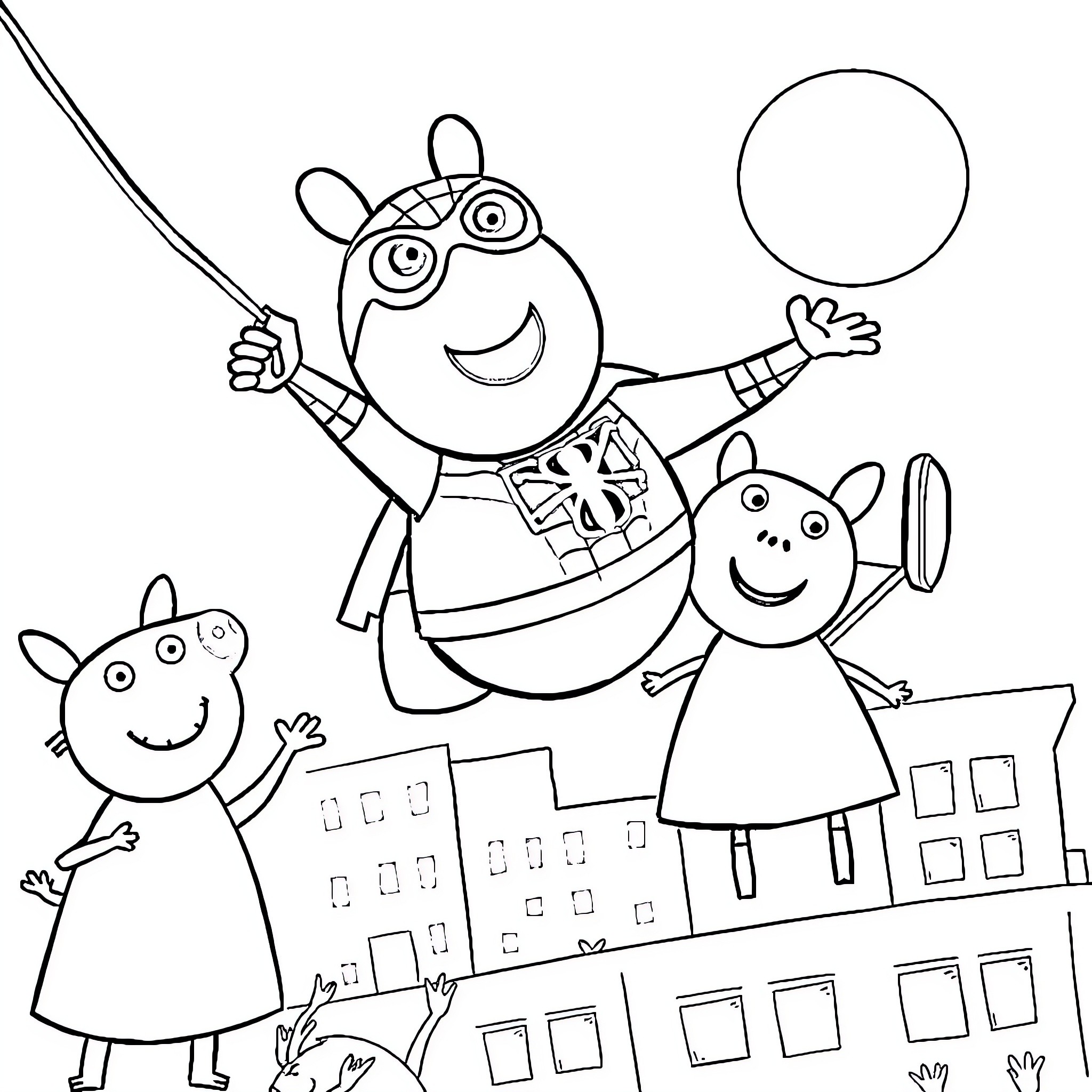 Peppa Pig and friends having fun in the city Coloring Page (free black-and-white line drawing printable PDF for all, from beginners to advanced learners, including children, teens, adults, and seniors)