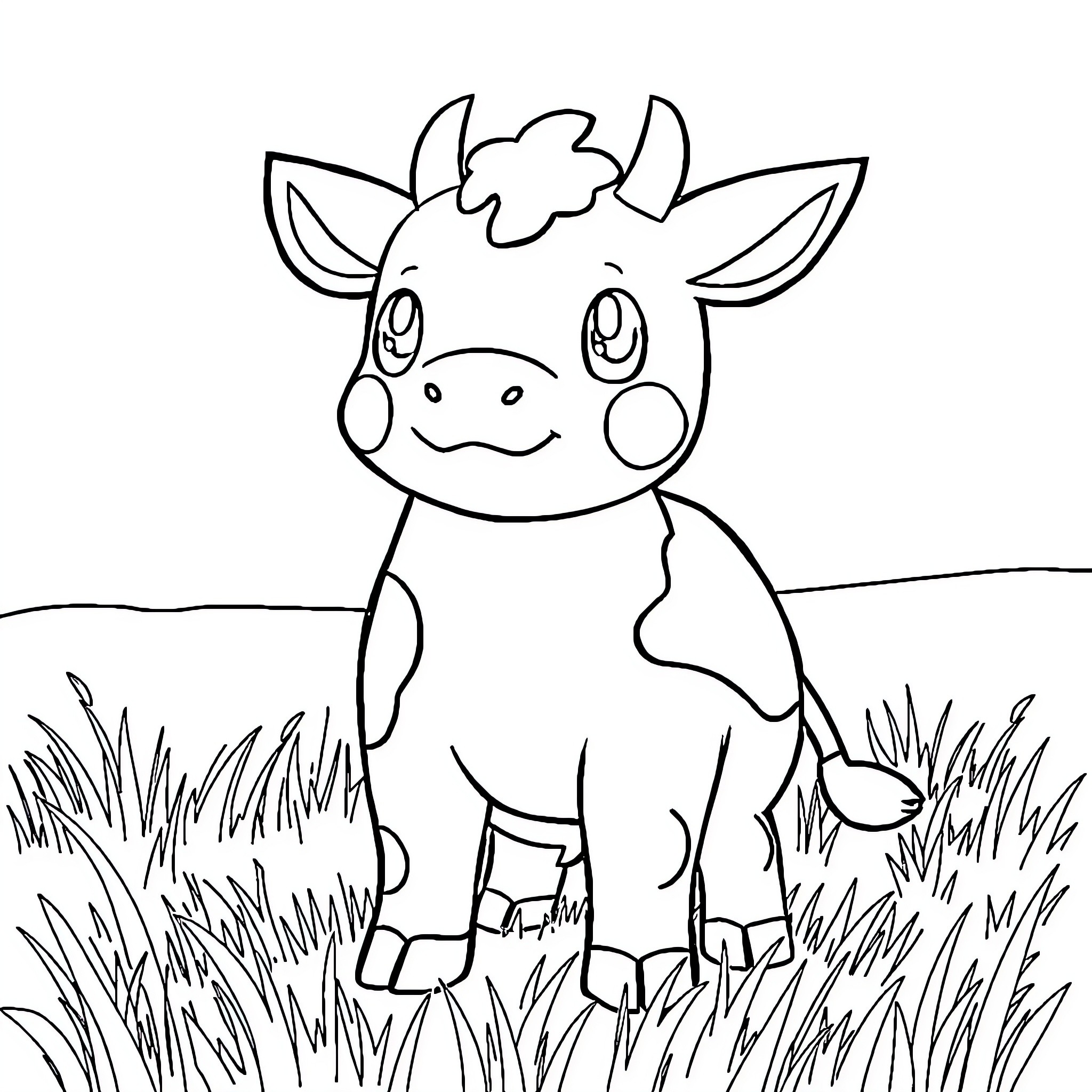 Pokémon-inspired cow in a grassy field Coloring Page (free black-and-white line drawing printable PDF for all, from beginners to advanced learners, including children, teens, adults, and seniors)