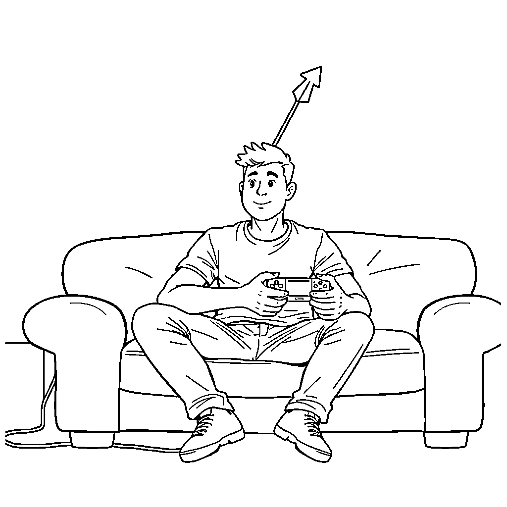 Man playing video games on the couch Coloring Page (free black-and-white line drawing printable PDF for all, from beginners to advanced learners, including children, teens, adults, and seniors)