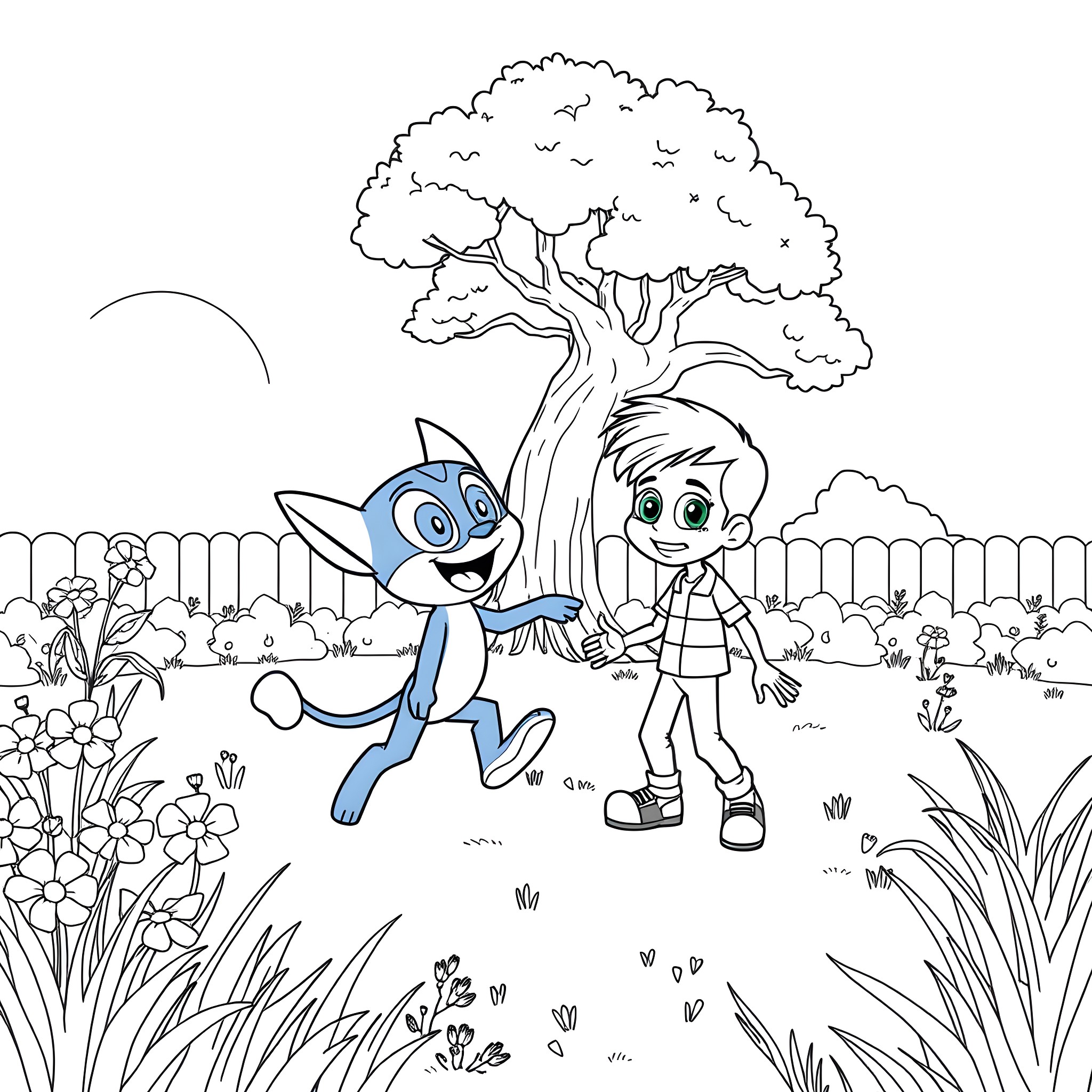 Bluey and friend explore a garden landscape Coloring Page (free black-and-white line drawing printable PDF for all, from beginners to advanced learners, including children, teens, adults, and seniors)