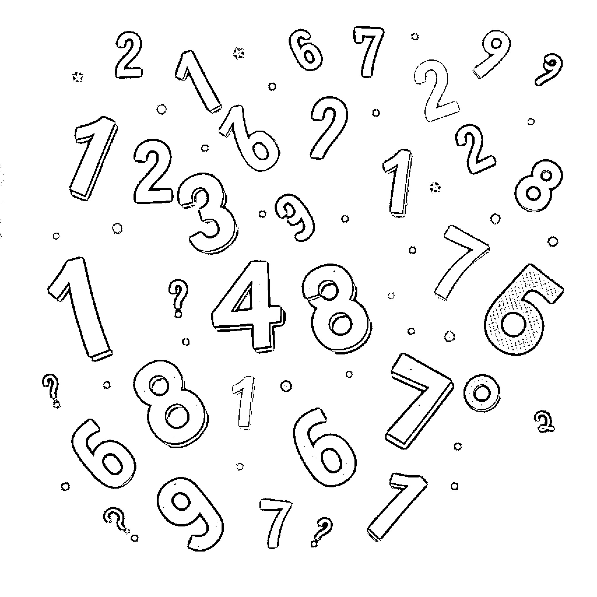 Number Assortment of Handdrawn Numerical Symbols Coloring Page (free black-and-white line drawing printable PDF for all, from beginners to advanced learners, including children, teens, adults, and seniors)
