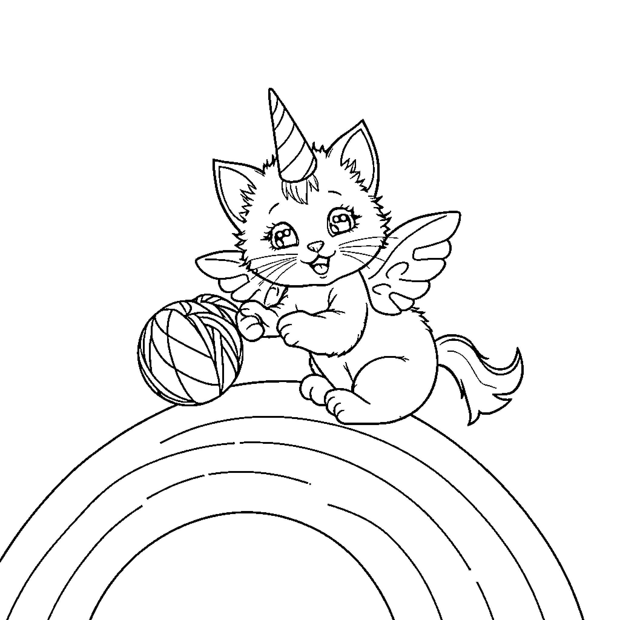 Kitten playing with a ball on a rainbow Coloring Page (free black-and-white line drawing printable PDF for all, from beginners to advanced learners, including children, teens, adults, and seniors)