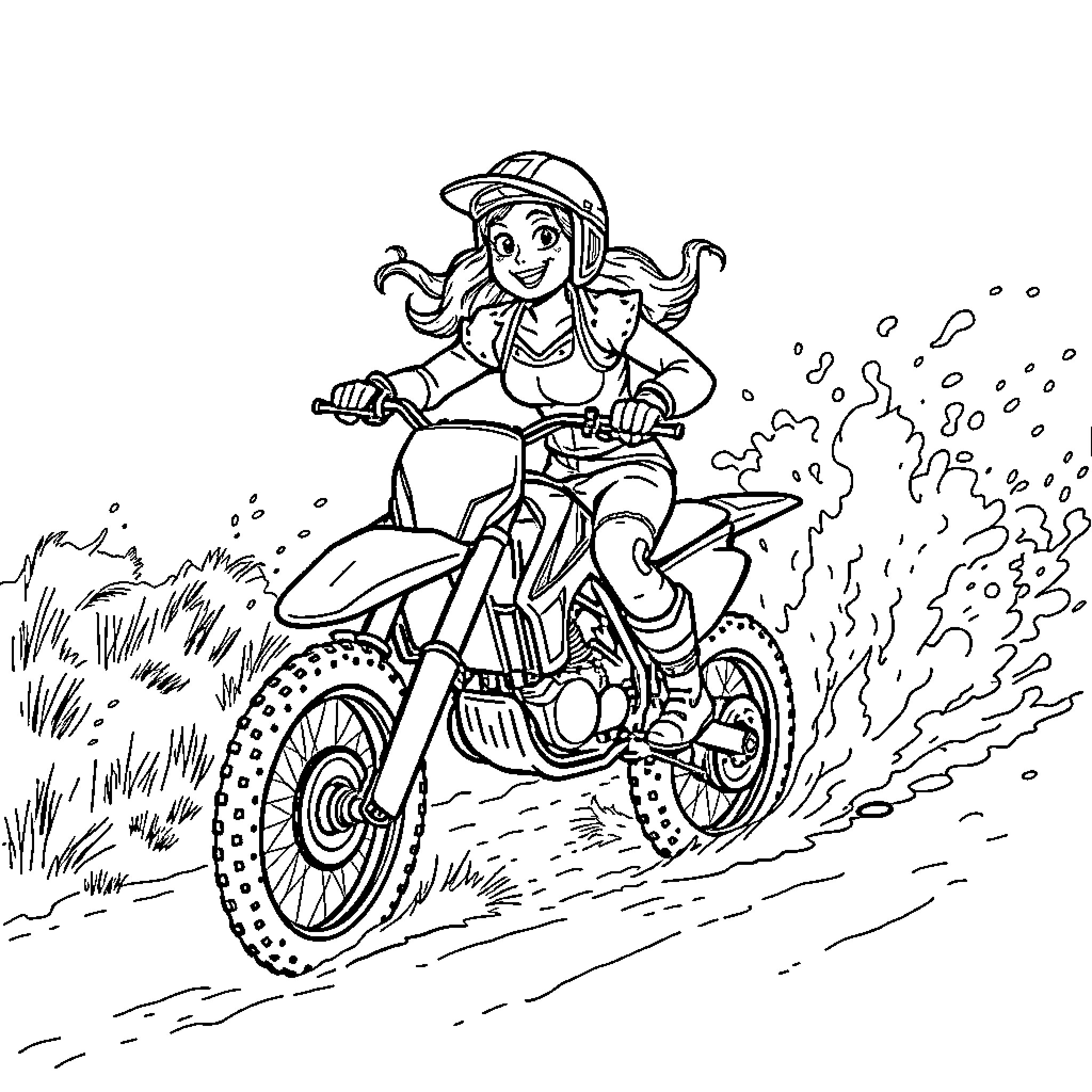 Rumi riding a dirt bike on a rough trail Coloring Page (free black-and-white line drawing printable PDF for all, from beginners to advanced learners, including children, teens, adults, and seniors)