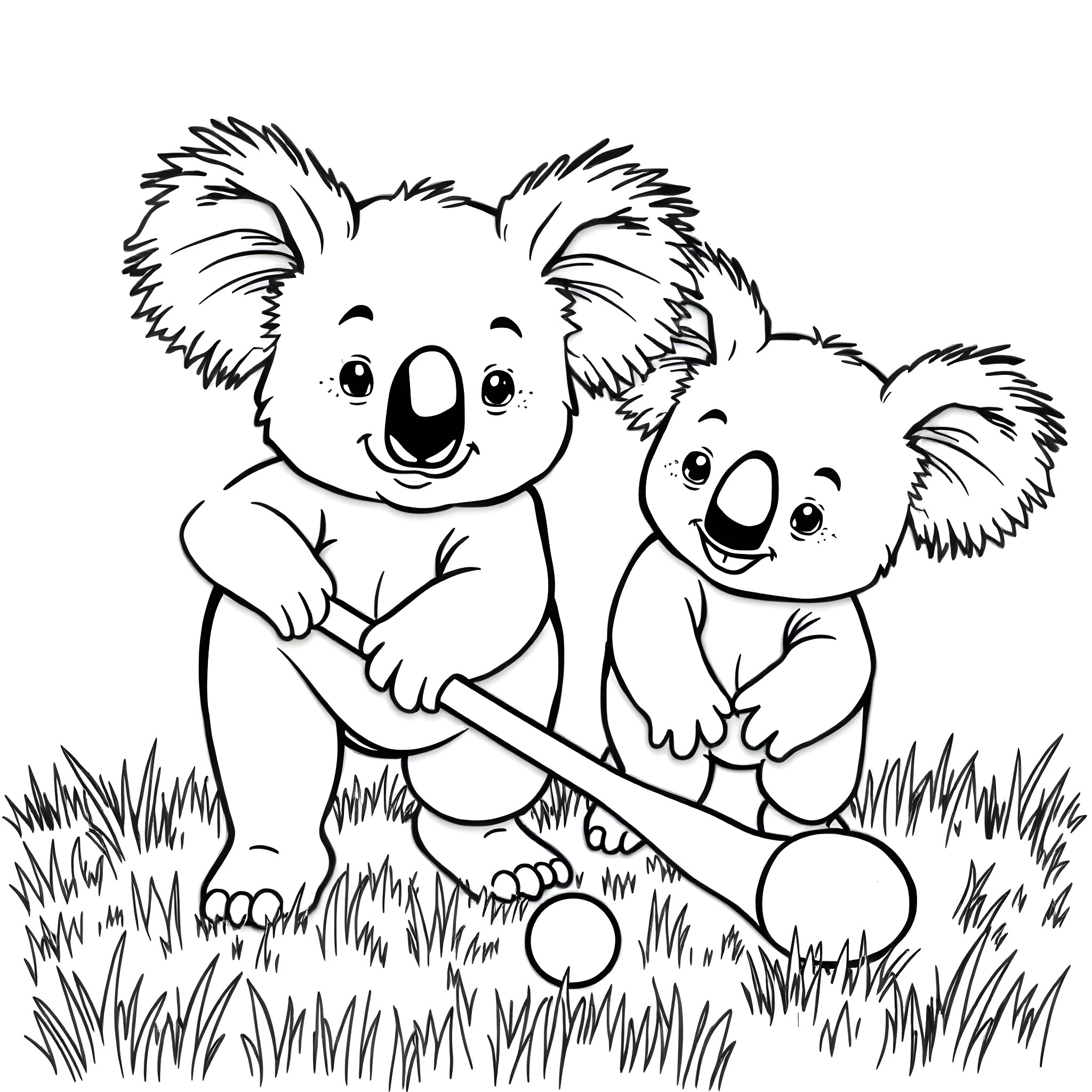 Koalas happily playing together in the grass Coloring Page (free black-and-white line drawing printable PDF for all, from beginners to advanced learners, including children, teens, adults, and seniors)