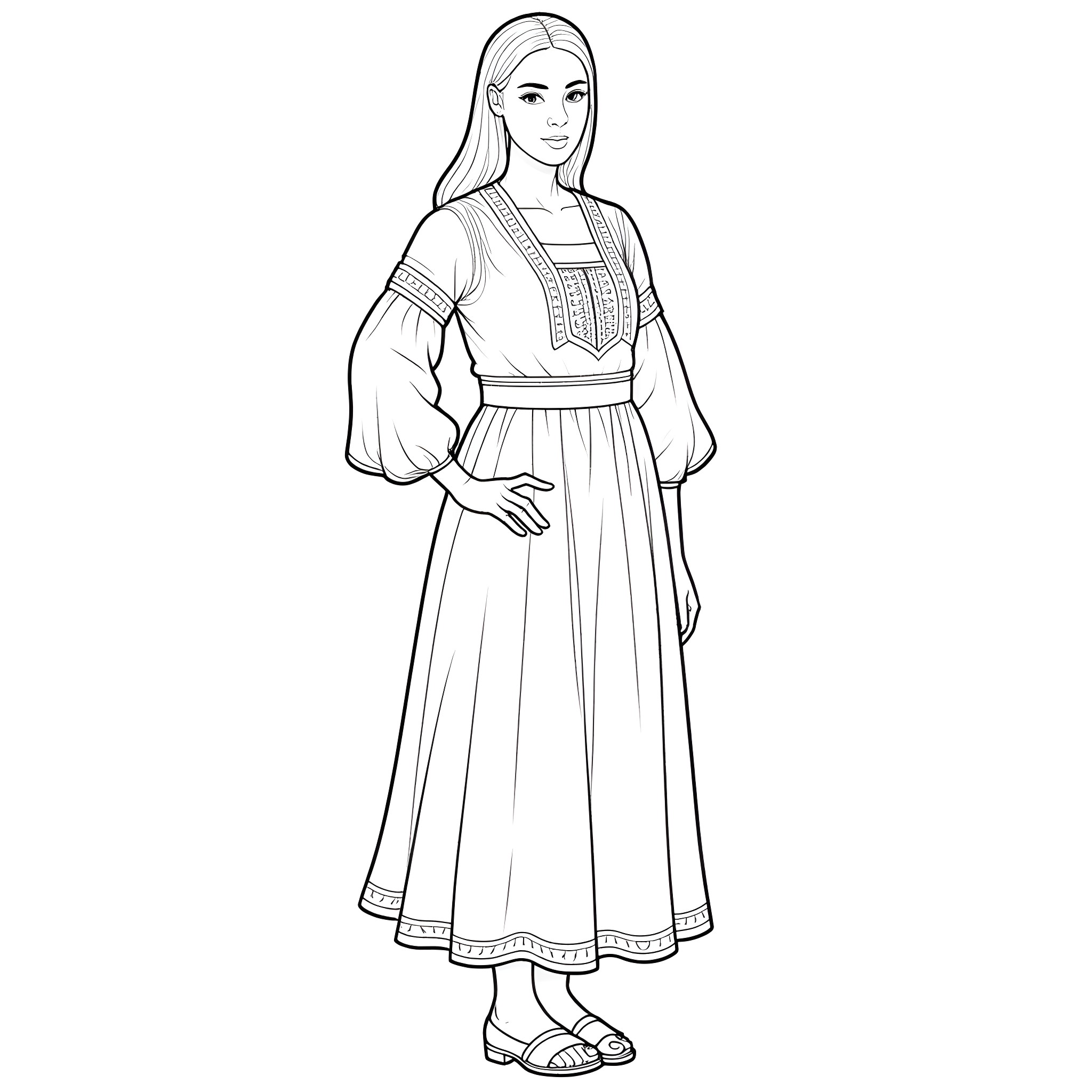 Bosnian woman in traditional ethnic dress Coloring Page (free black-and-white line drawing printable PDF for all, from beginners to advanced learners, including children, teens, adults, and seniors)
