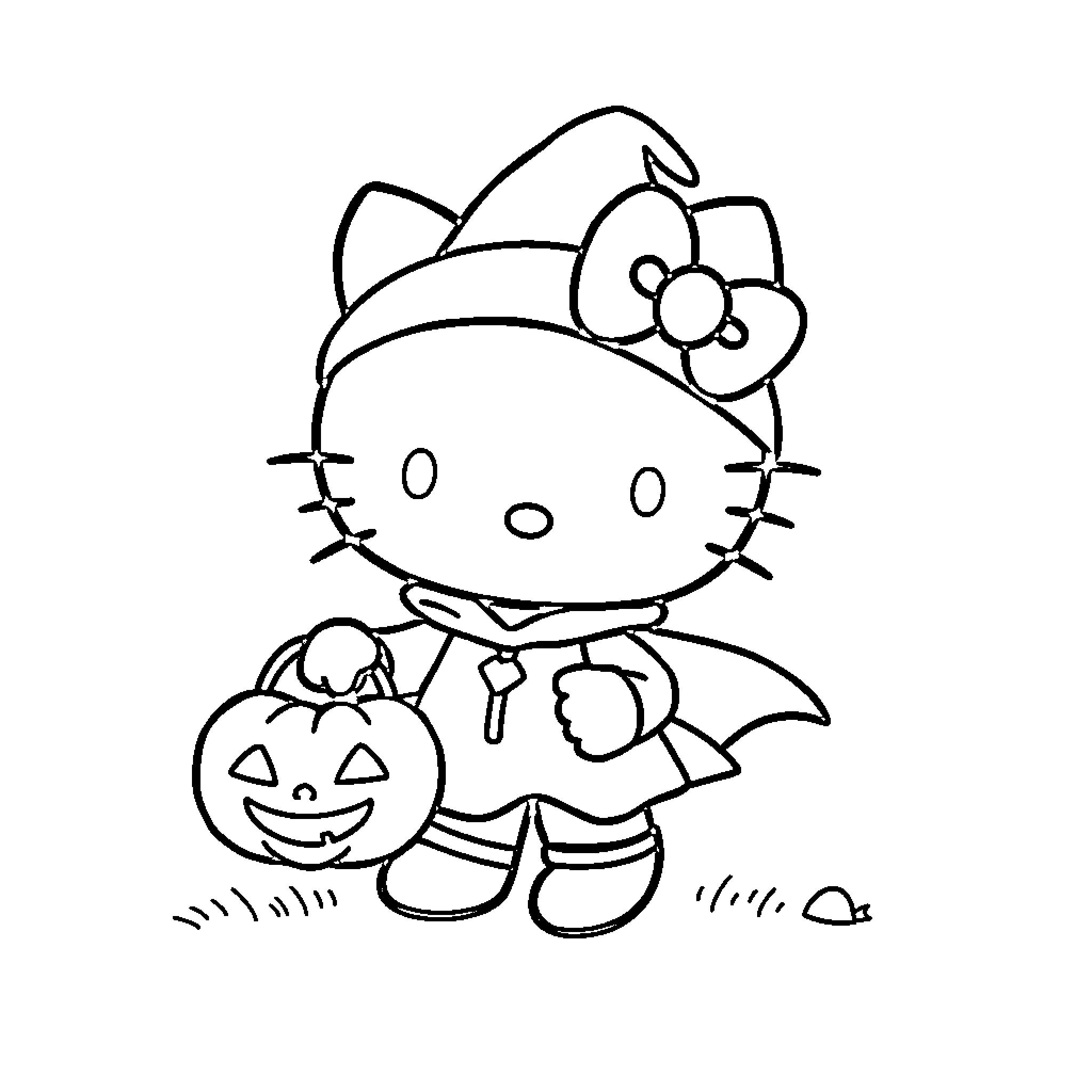 Hello Kitty dressed as a Halloween character Coloring Page (free black-and-white line drawing printable PDF for all, from beginners to advanced learners, including children, teens, adults, and seniors)