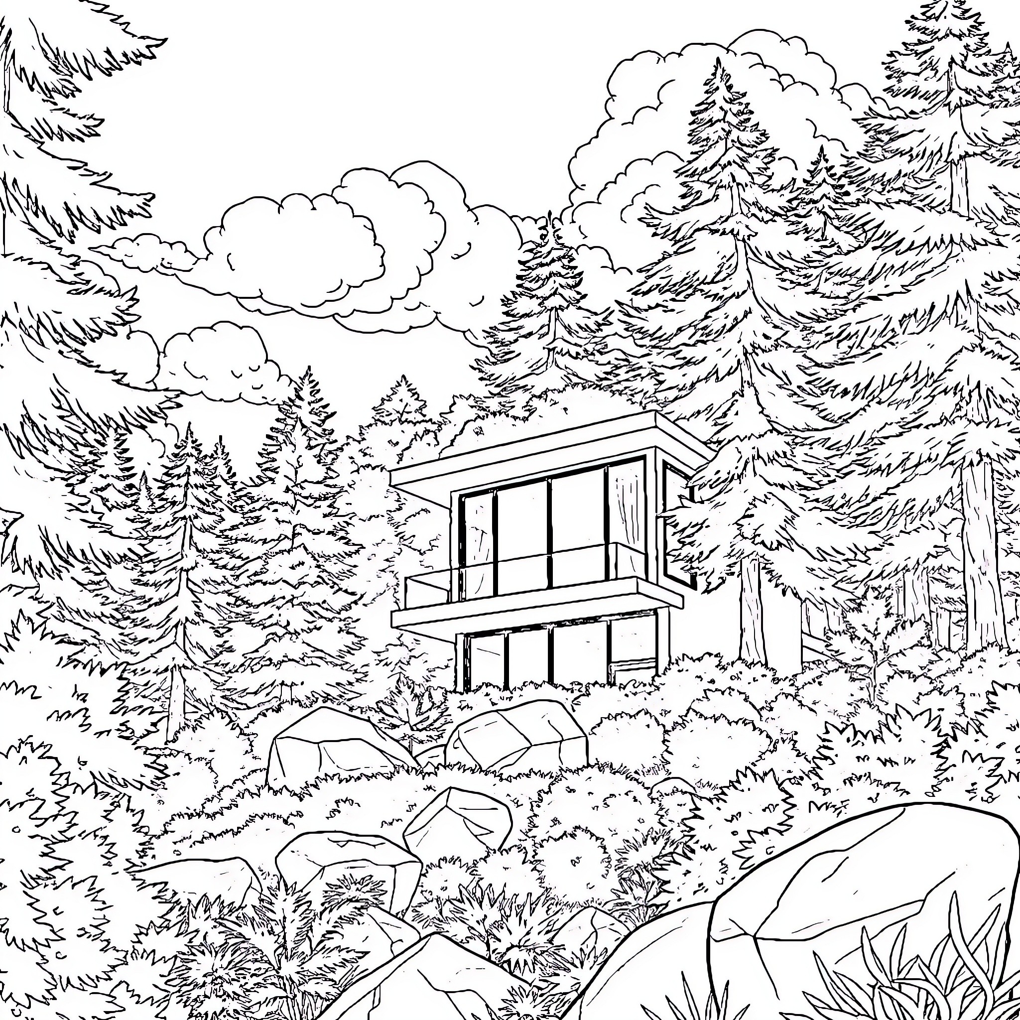 House in a Serene Forest Landscape Coloring Page (free black-and-white line drawing printable PDF for all, from beginners to advanced learners, including children, teens, adults, and seniors)