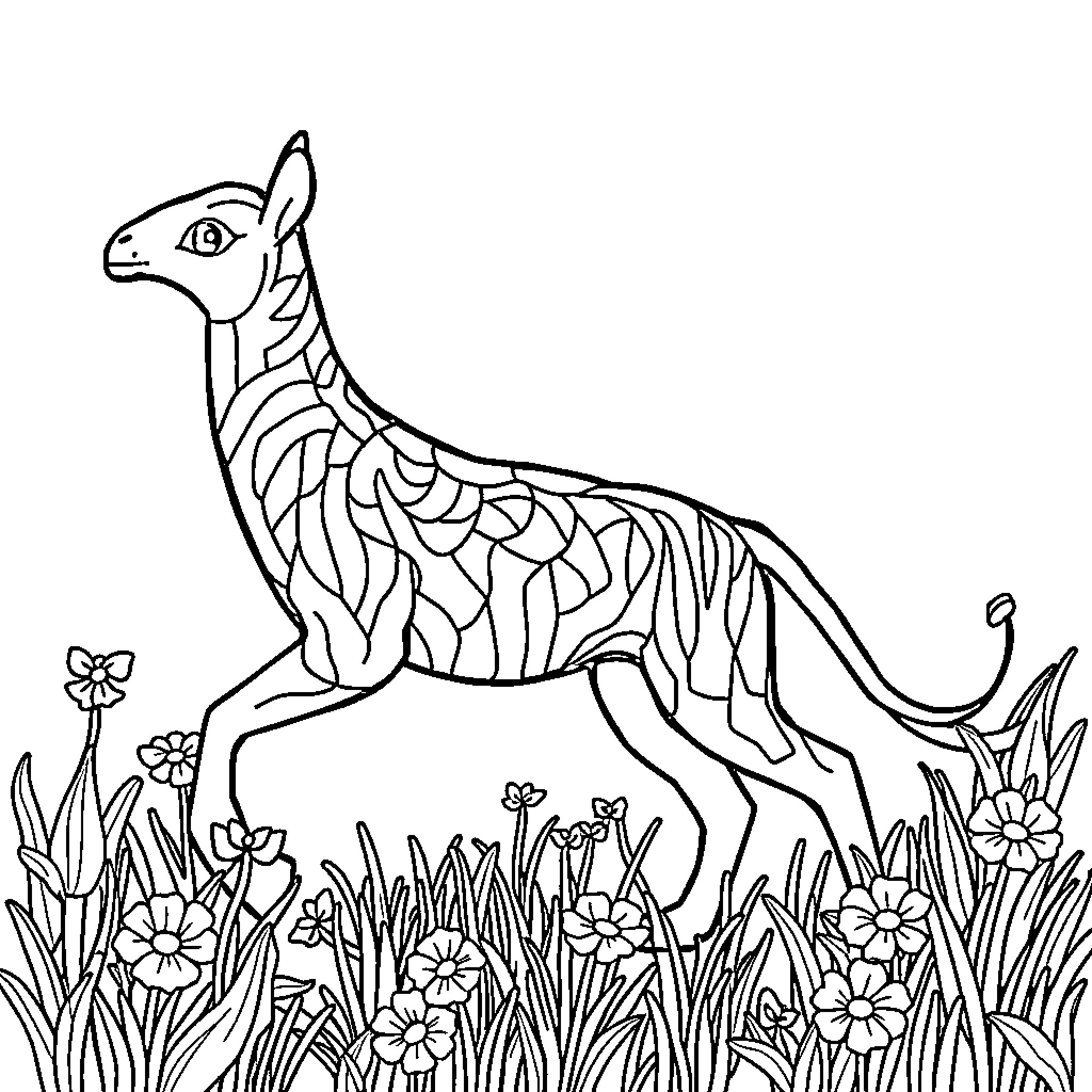 Animal in floral field Coloring Page (free black-and-white line drawing printable PDF for all, from beginners to advanced learners, including children, teens, adults, and seniors)