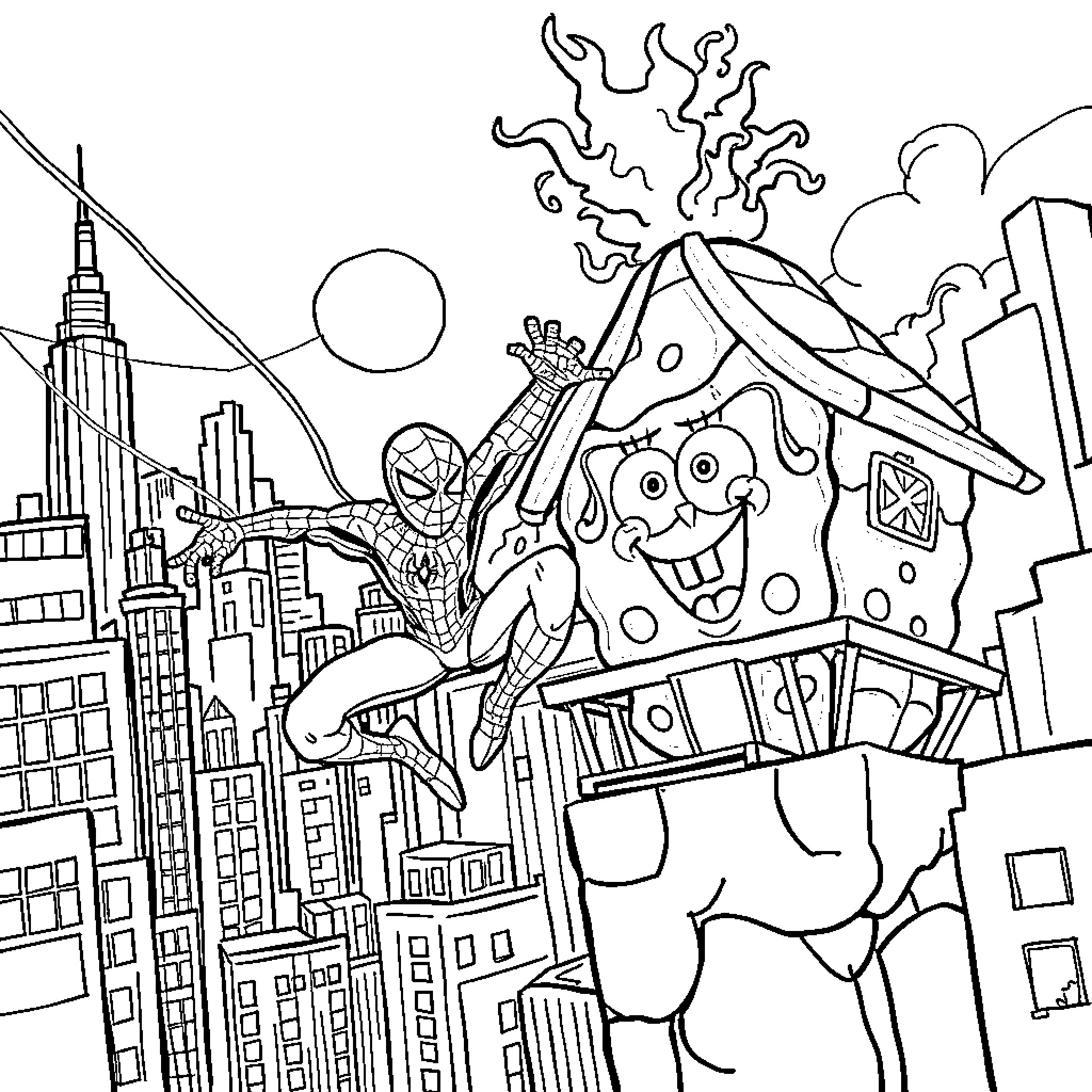 Spiderman swinging through the city with quirky characters Coloring Page (free black-and-white line drawing printable PDF for all, from beginners to advanced learners, including children, teens, adults, and seniors)