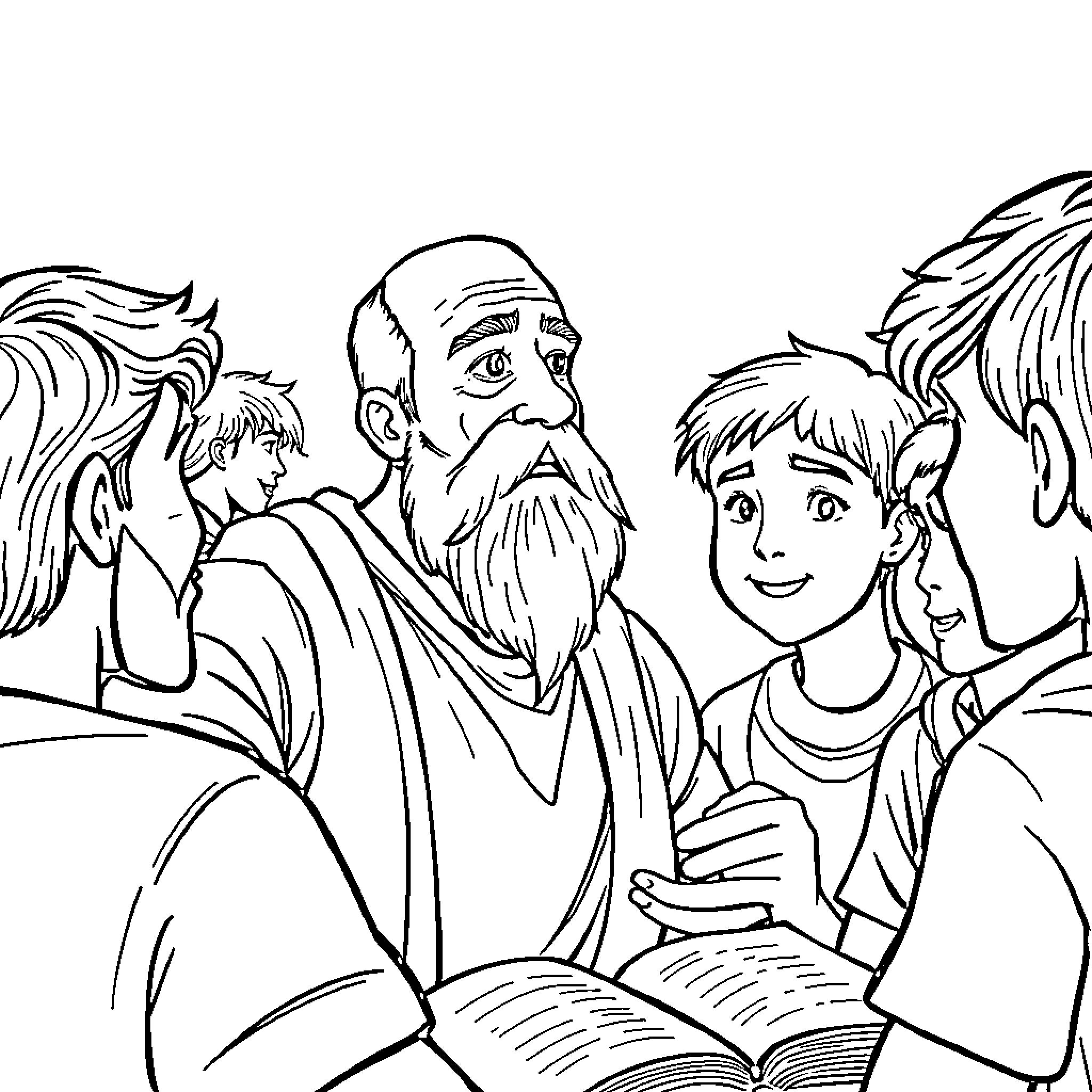 Man teaching children from old book Coloring Page (free black-and-white line drawing printable PDF for all, from beginners to advanced learners, including children, teens, adults, and seniors)