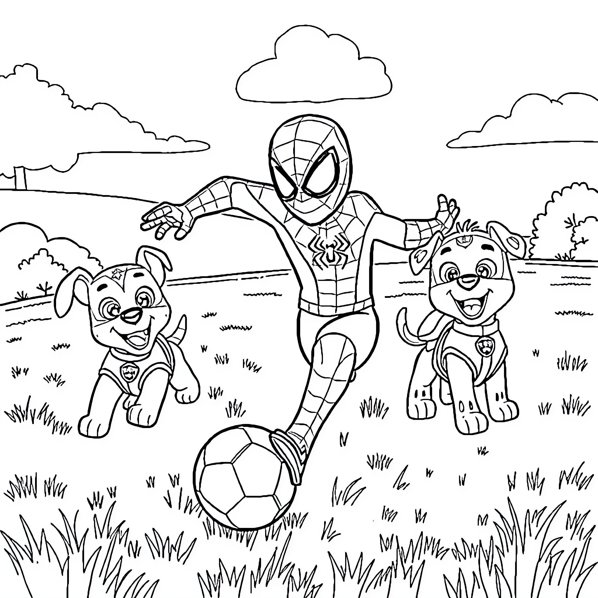 Spiderman playing soccer with cute puppies in the park Coloring Page (free black-and-white line drawing printable PDF for all, from beginners to advanced learners, including children, teens, adults, and seniors)
