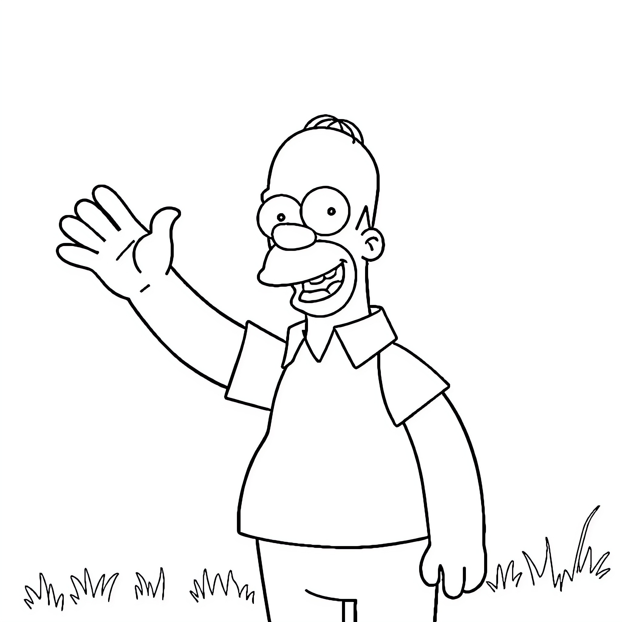 Homer Waving Cheerfully in the Meadow Coloring Page (free black-and-white line drawing printable PDF for all, from beginners to advanced learners, including children, teens, adults, and seniors)