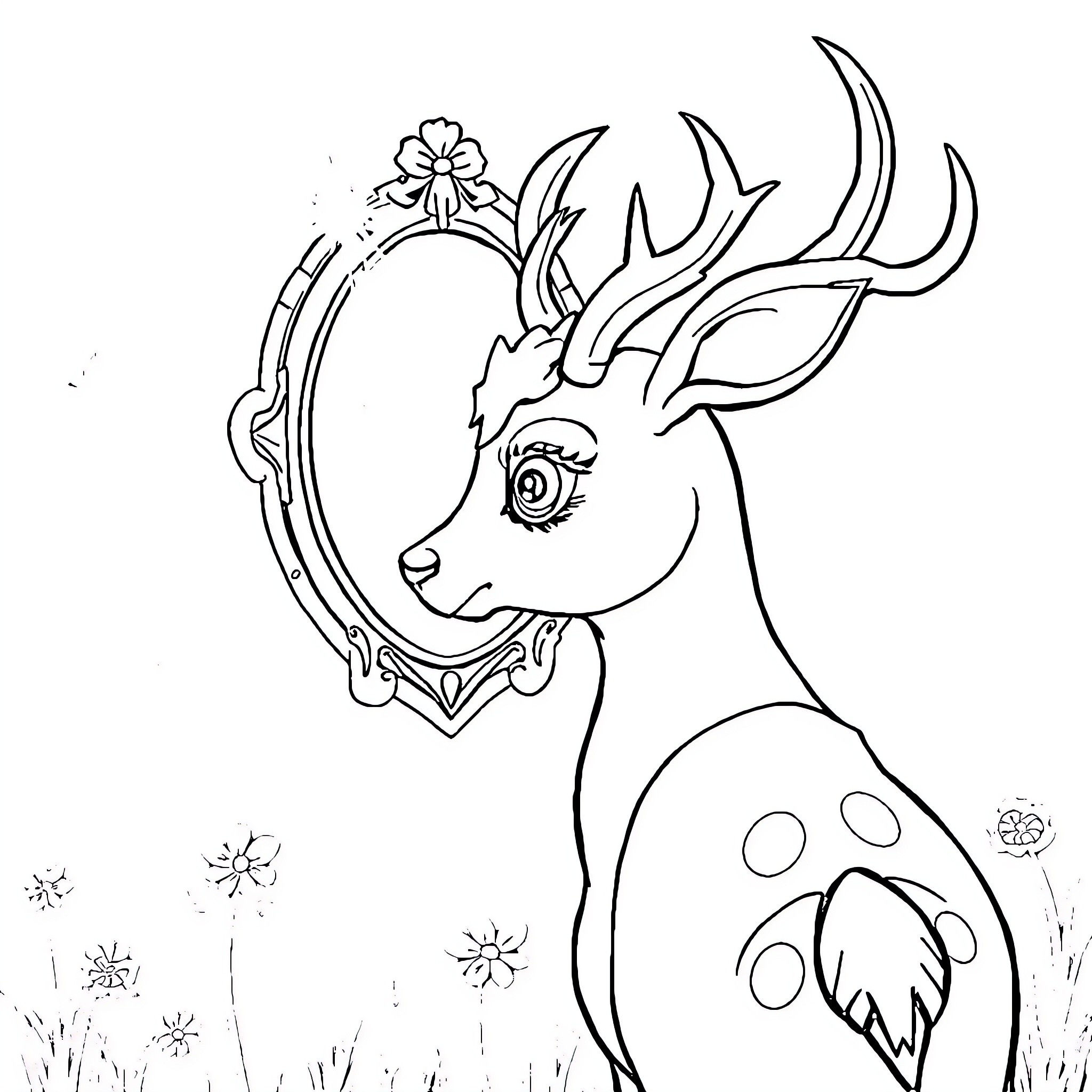 Queen Deer's Enchanting Portrait Coloring Page (free black-and-white line drawing printable PDF for all, from beginners to advanced learners, including children, teens, adults, and seniors)