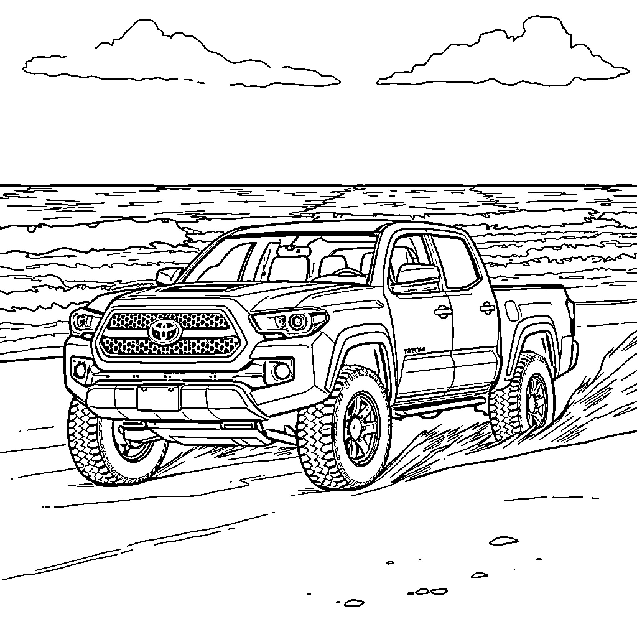Tacoma off-road adventure in rugged landscape Coloring Page (free black-and-white line drawing printable PDF for all, from beginners to advanced learners, including children, teens, adults, and seniors)