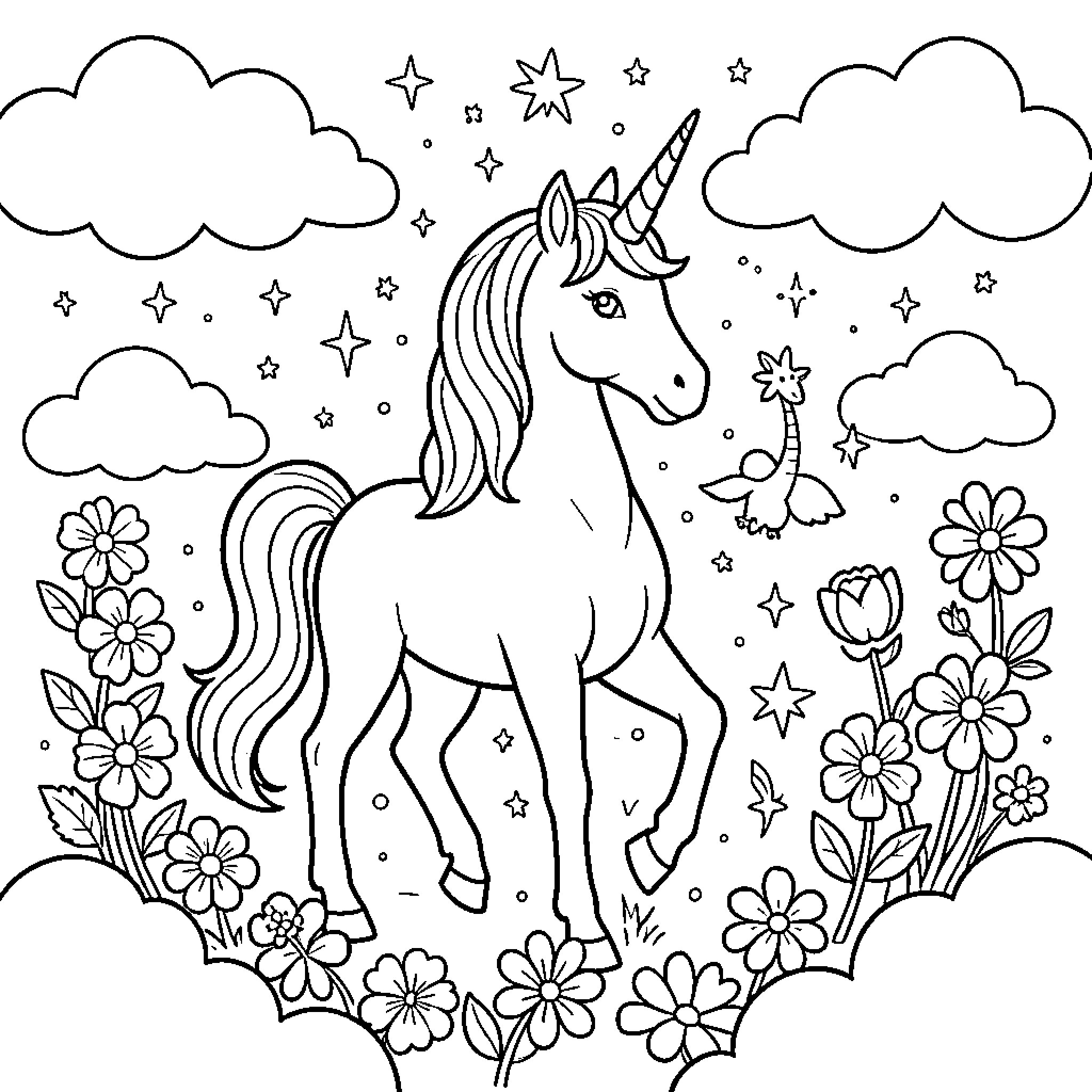Unicorn standing amidst clouds, stars, and flowers Coloring Page (free black-and-white line drawing printable PDF for all, from beginners to advanced learners, including children, teens, adults, and seniors)