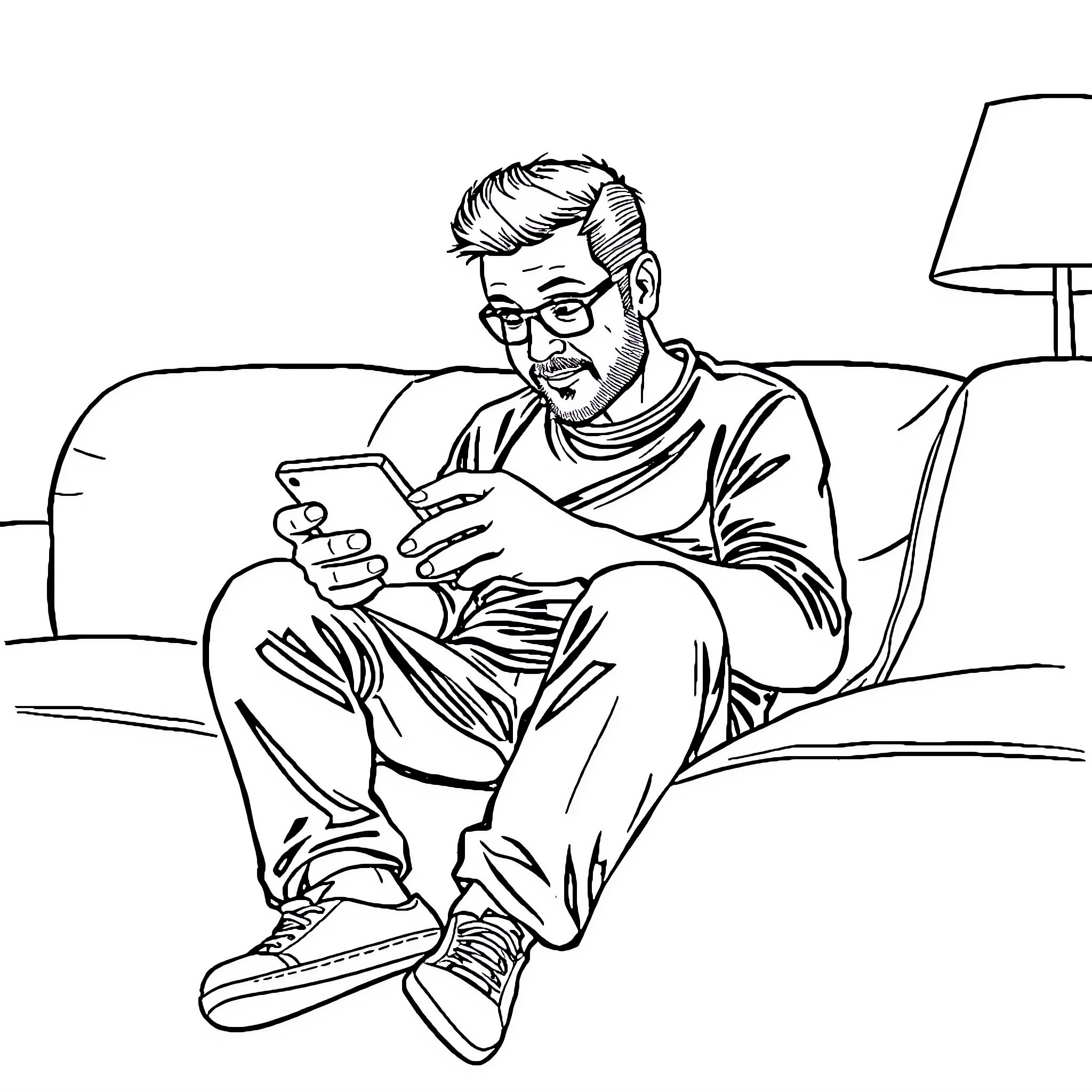 Kp Oli focused on mobile device in comfortable setting Coloring Page (free black-and-white line drawing printable PDF for all, from beginners to advanced learners, including children, teens, adults, and seniors)