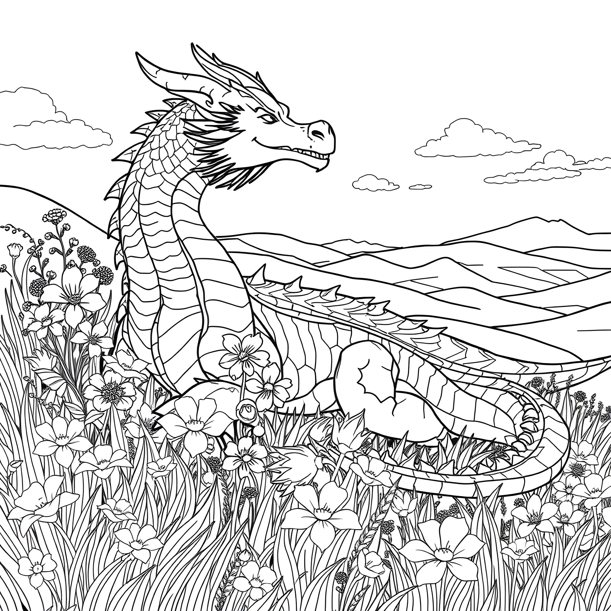 Dragon soaring gracefully among floral meadows Coloring Page (free black-and-white line drawing printable PDF for all, from beginners to advanced learners, including children, teens, adults, and seniors)