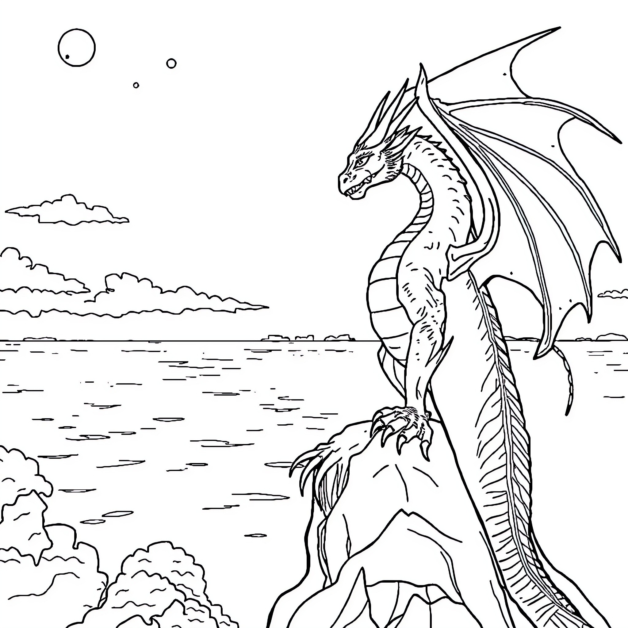 Dragon perched atop a rocky outcrop overlooking the landscape Coloring Page (free black-and-white line drawing printable PDF for all, from beginners to advanced learners, including children, teens, adults, and seniors)