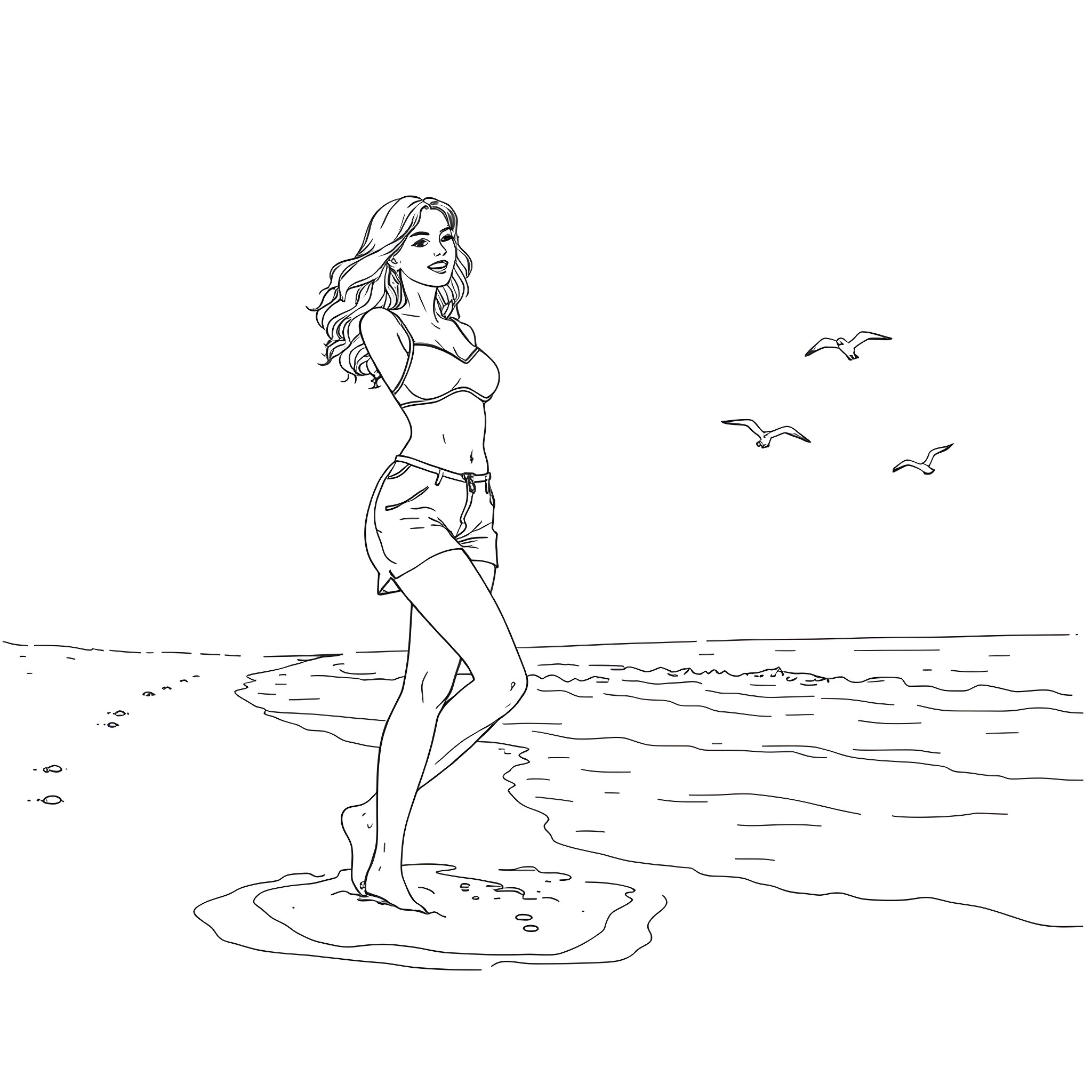 Girl standing gracefully on the beach Coloring Page (free black-and-white line drawing printable PDF for all, from beginners to advanced learners, including children, teens, adults, and seniors)