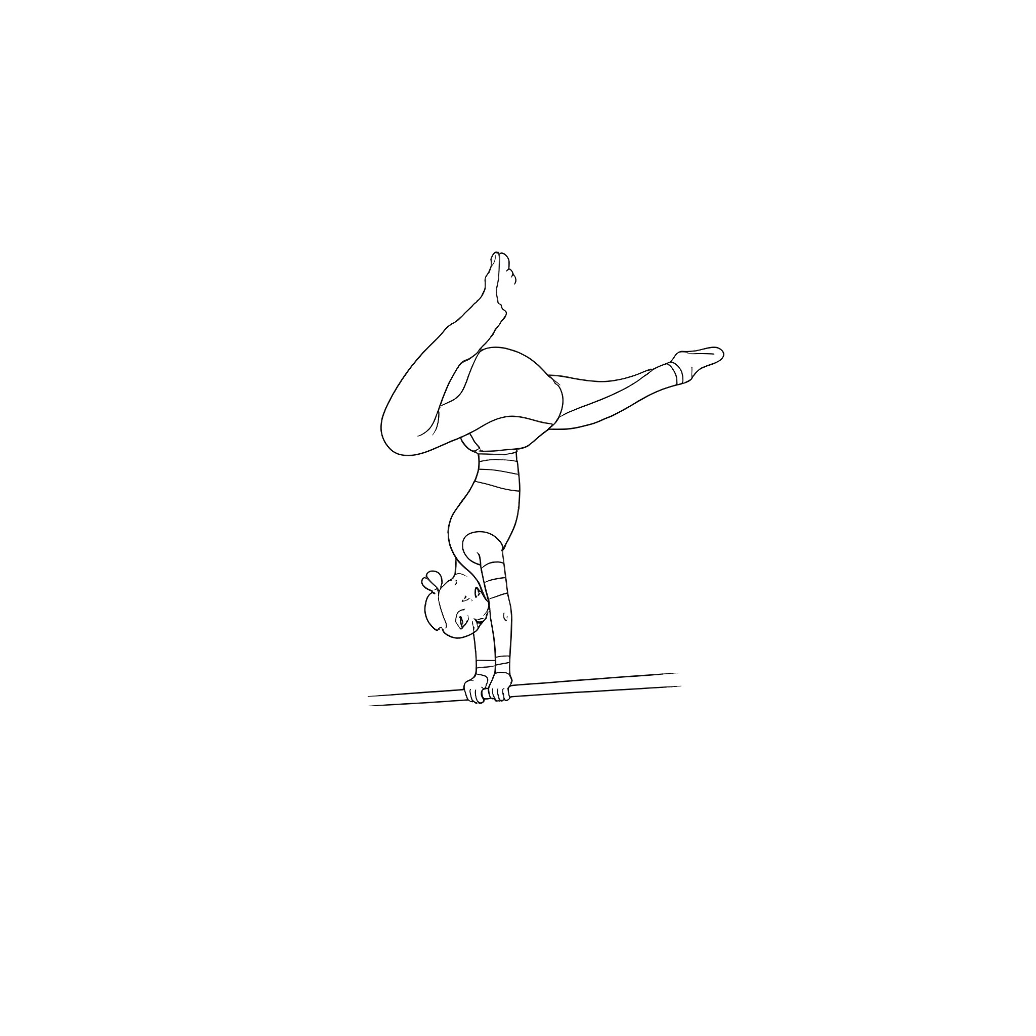 Gymnast performing handstand on balance beam Coloring Page (free black-and-white line drawing printable PDF for all, from beginners to advanced learners, including children, teens, adults, and seniors)