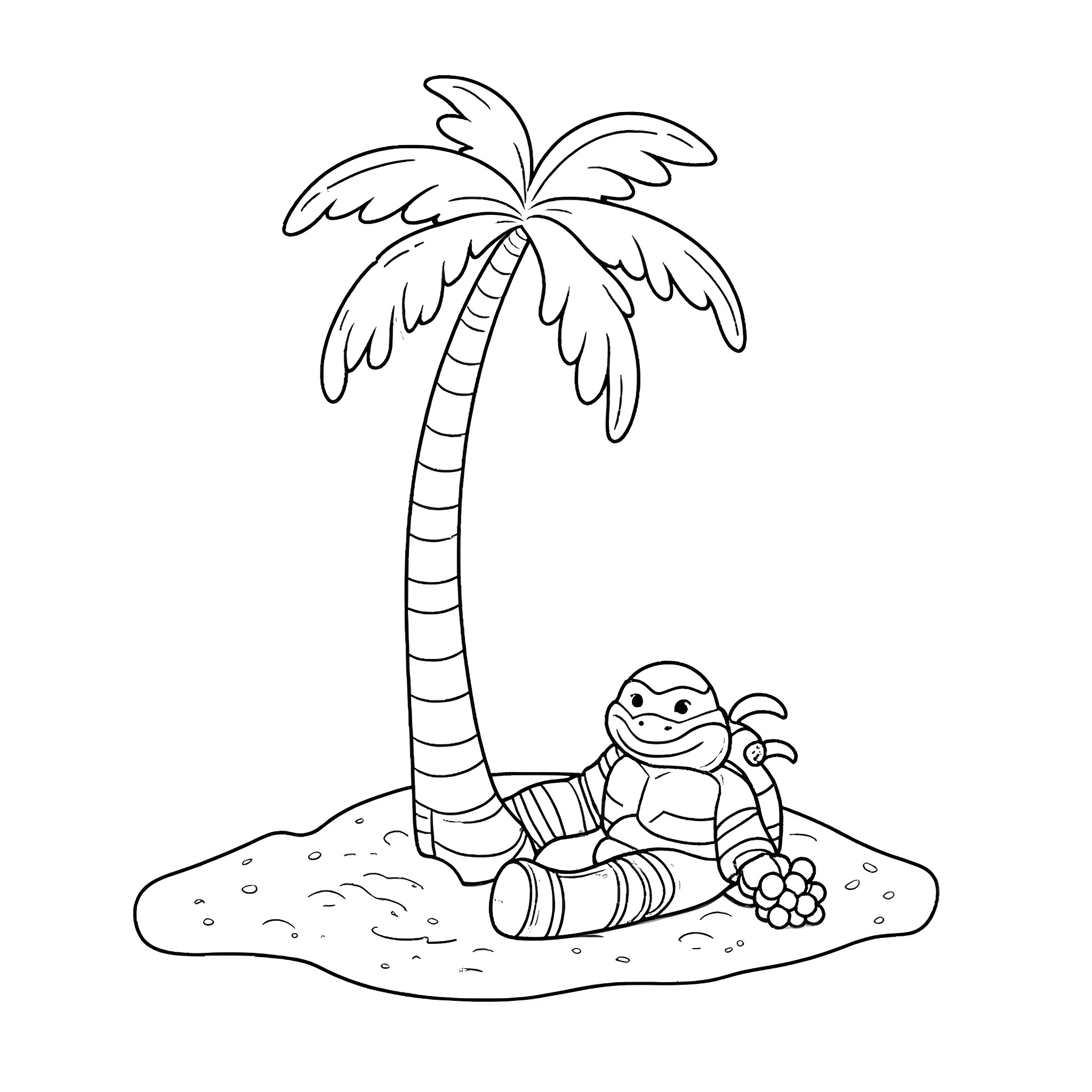 Raphael relaxing on a tropical island Coloring Page (free black-and-white line drawing printable PDF for all, from beginners to advanced learners, including children, teens, adults, and seniors)