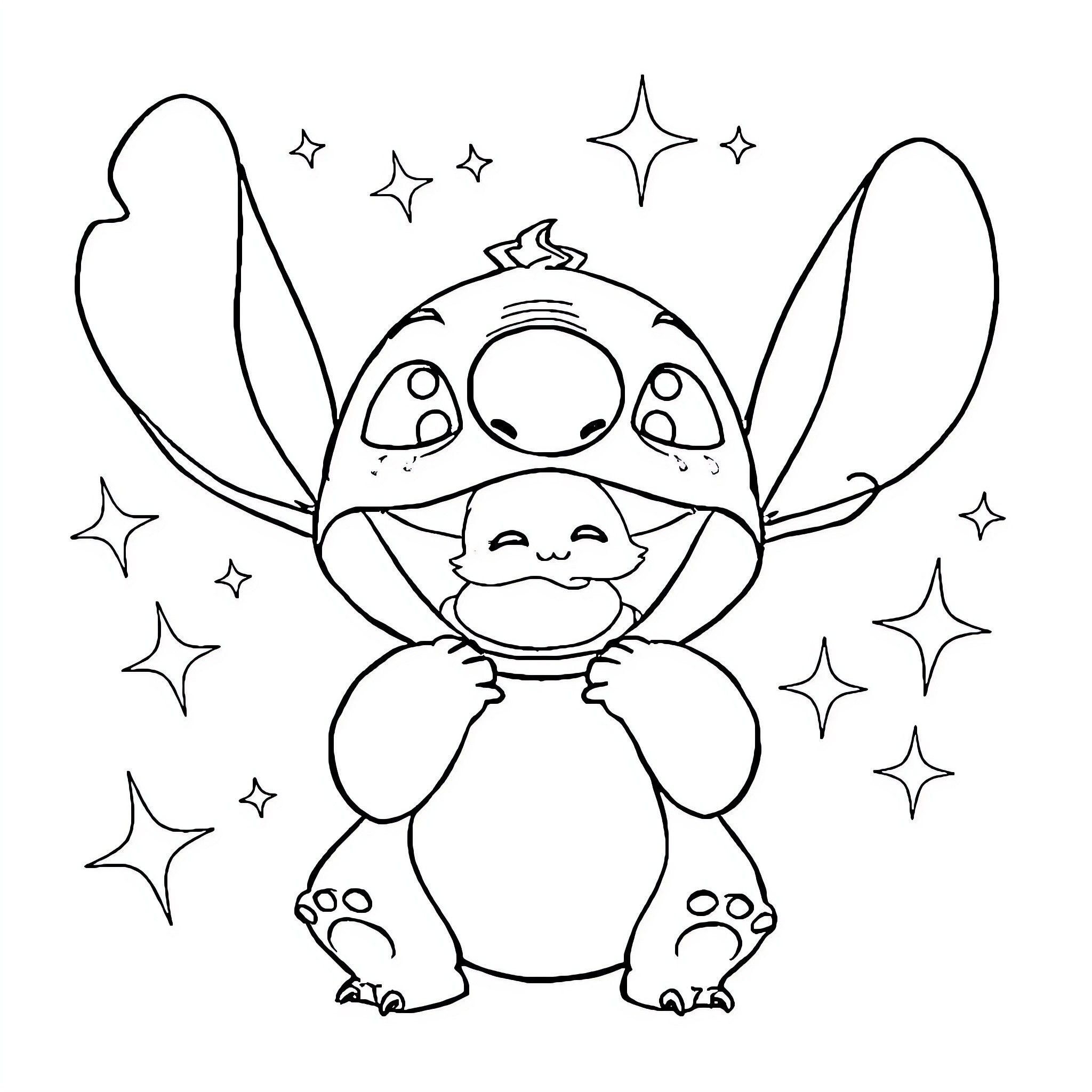 Stitch enjoying a starry night Coloring Page (free black-and-white line drawing printable PDF for all, from beginners to advanced learners, including children, teens, adults, and seniors)