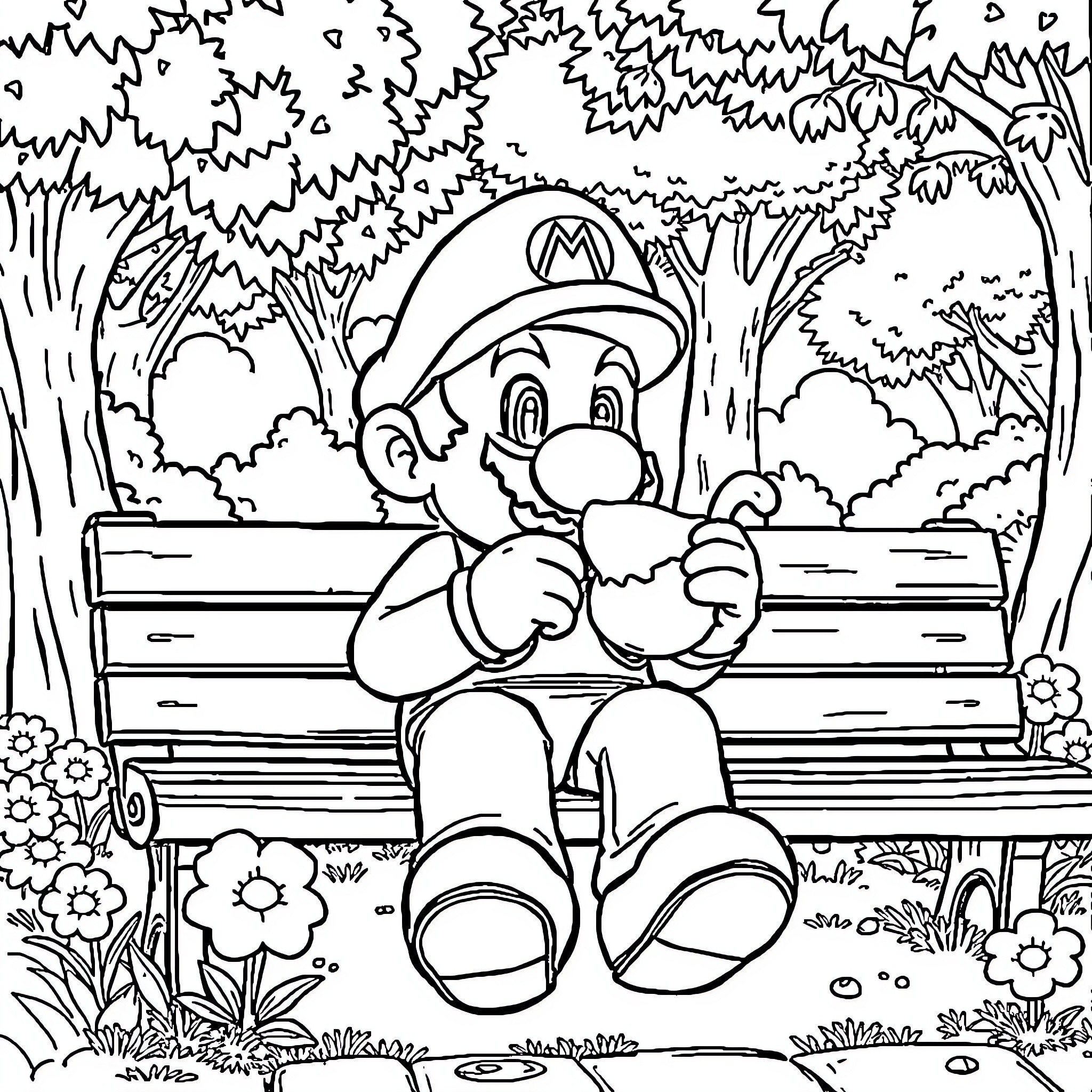 Super Mario Relaxing on a Bench in Lush Forest Coloring Page (free black-and-white line drawing printable PDF for all, from beginners to advanced learners, including children, teens, adults, and seniors)