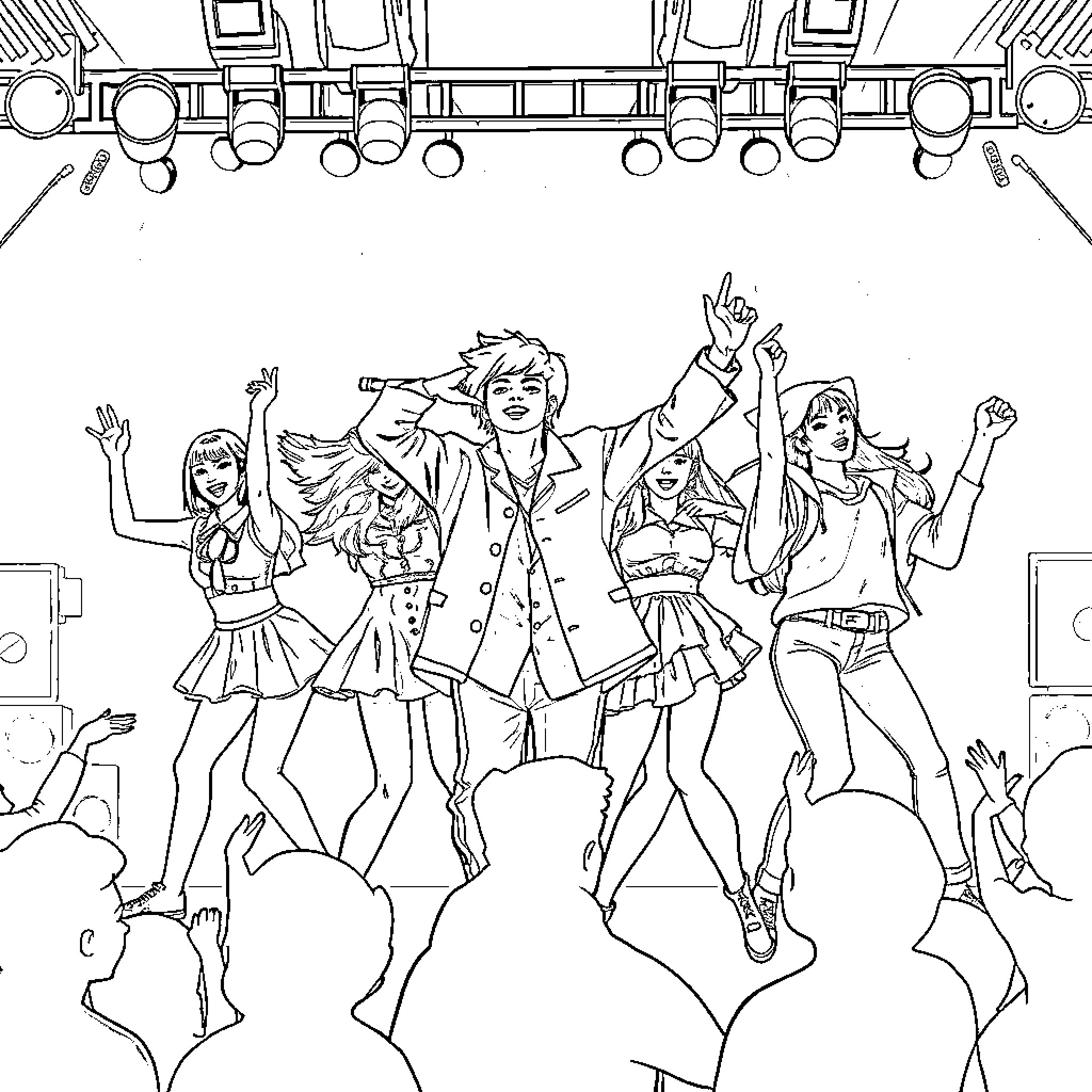 K Pop Group Performing Energetic Dance on Stage Coloring Page (free black-and-white line drawing printable PDF for all, from beginners to advanced learners, including children, teens, adults, and seniors)