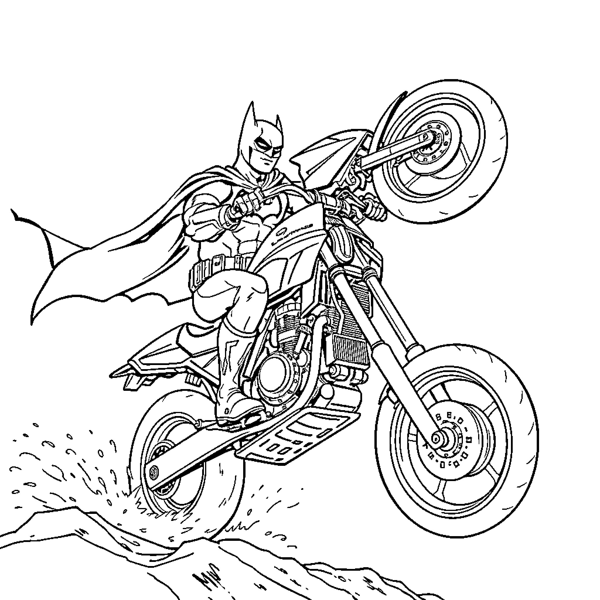 Batman riding a futuristic motorcycle with action poses Coloring Page (free black-and-white line drawing printable PDF for all, from beginners to advanced learners, including children, teens, adults, and seniors)