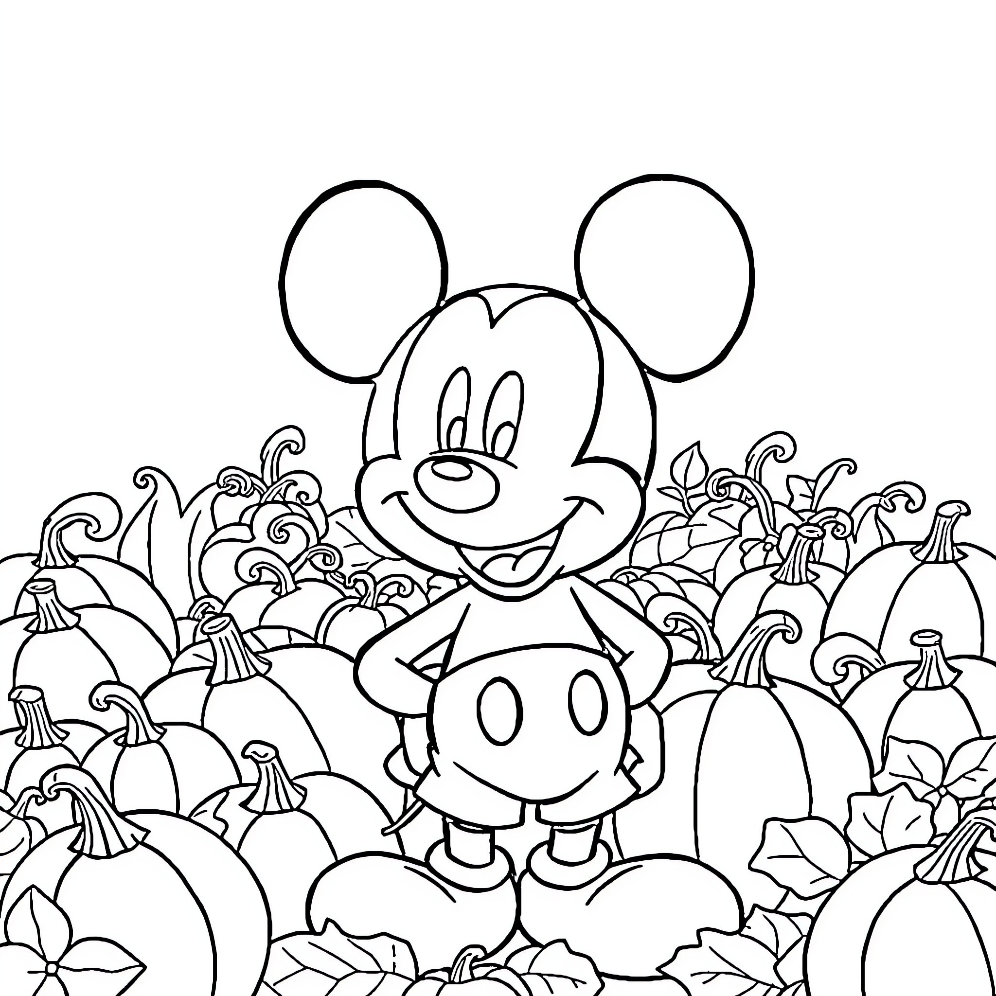 Mickey Mouse Amid Autumn Pumpkins and Foliage Coloring Page (free black-and-white line drawing printable PDF for all, from beginners to advanced learners, including children, teens, adults, and seniors)
