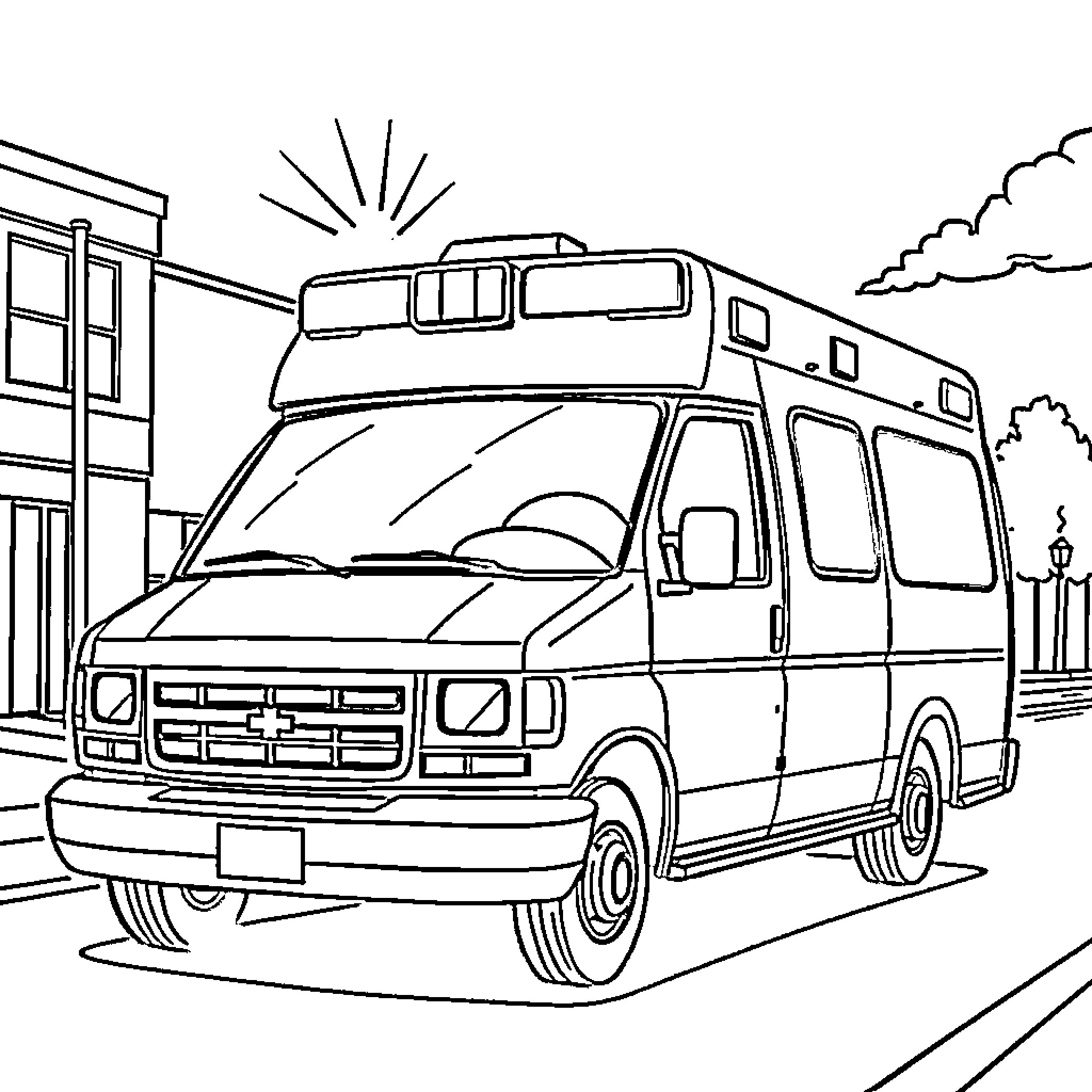 Ambulance responding to emergency call Coloring Page (free black-and-white line drawing printable PDF for all, from beginners to advanced learners, including children, teens, adults, and seniors)
