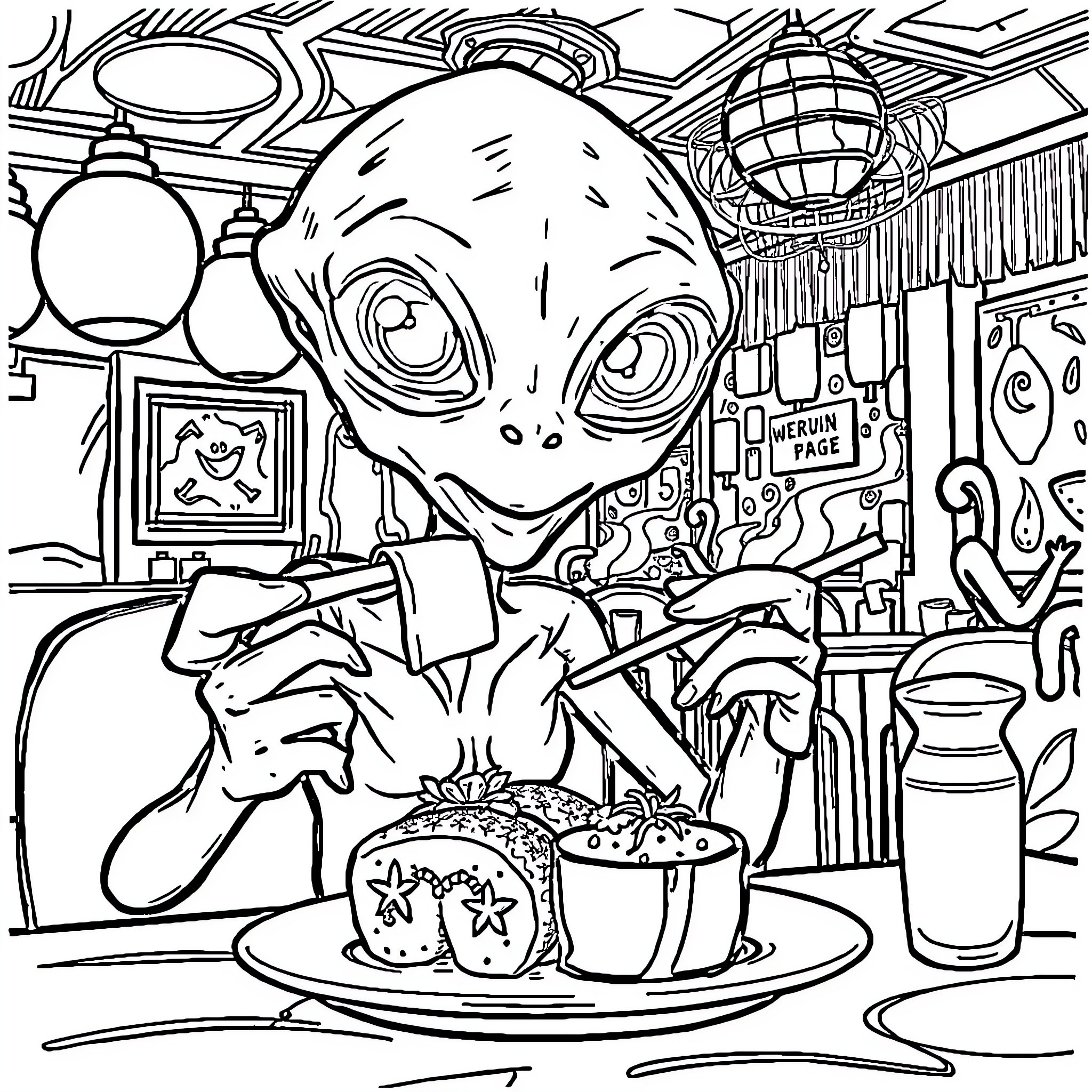 Alien Enjoying a Tasty Meal in a Quirky Diner Coloring Page (free black-and-white line drawing printable PDF for all, from beginners to advanced learners, including children, teens, adults, and seniors)